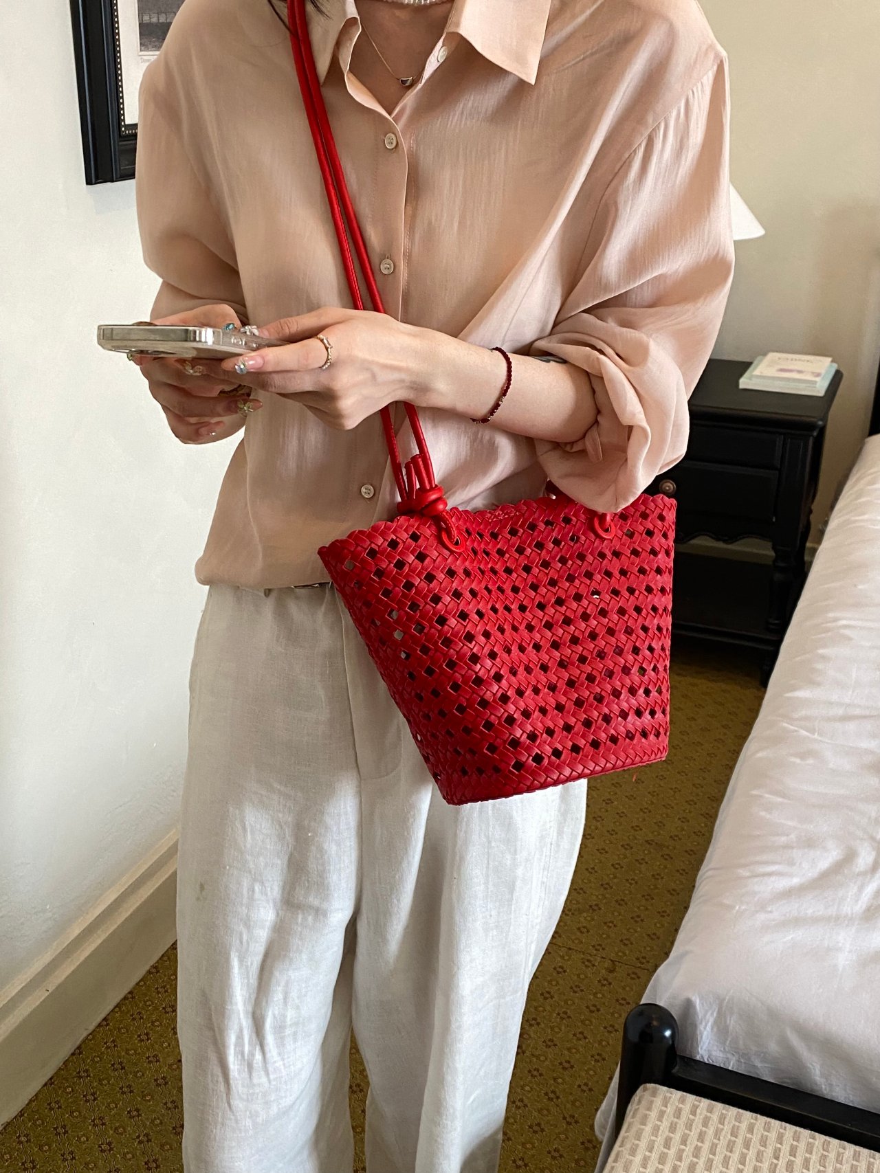 Red Basket Weave Design Crossbody Bag