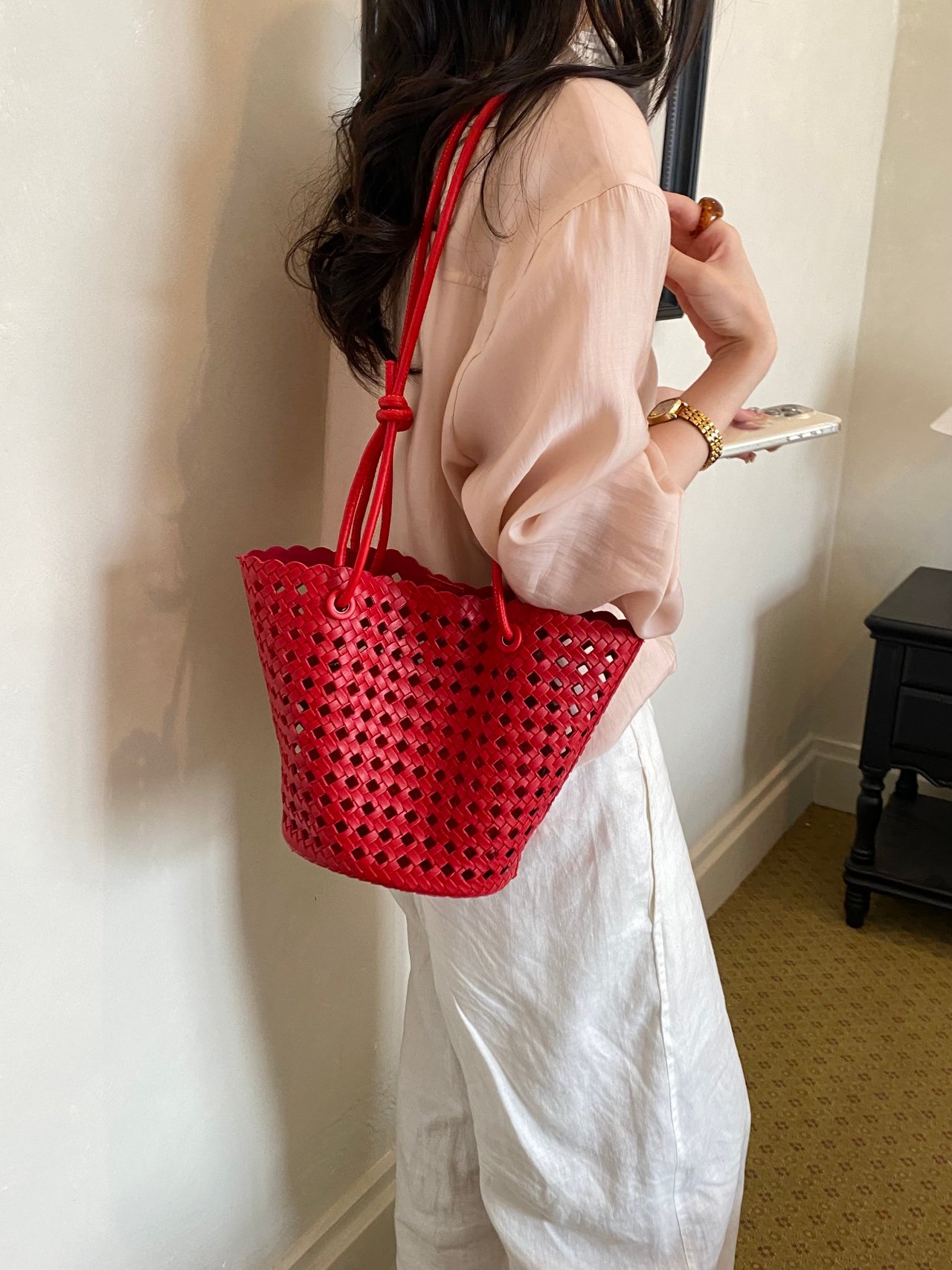 Red Basket Weave Design Crossbody Bag