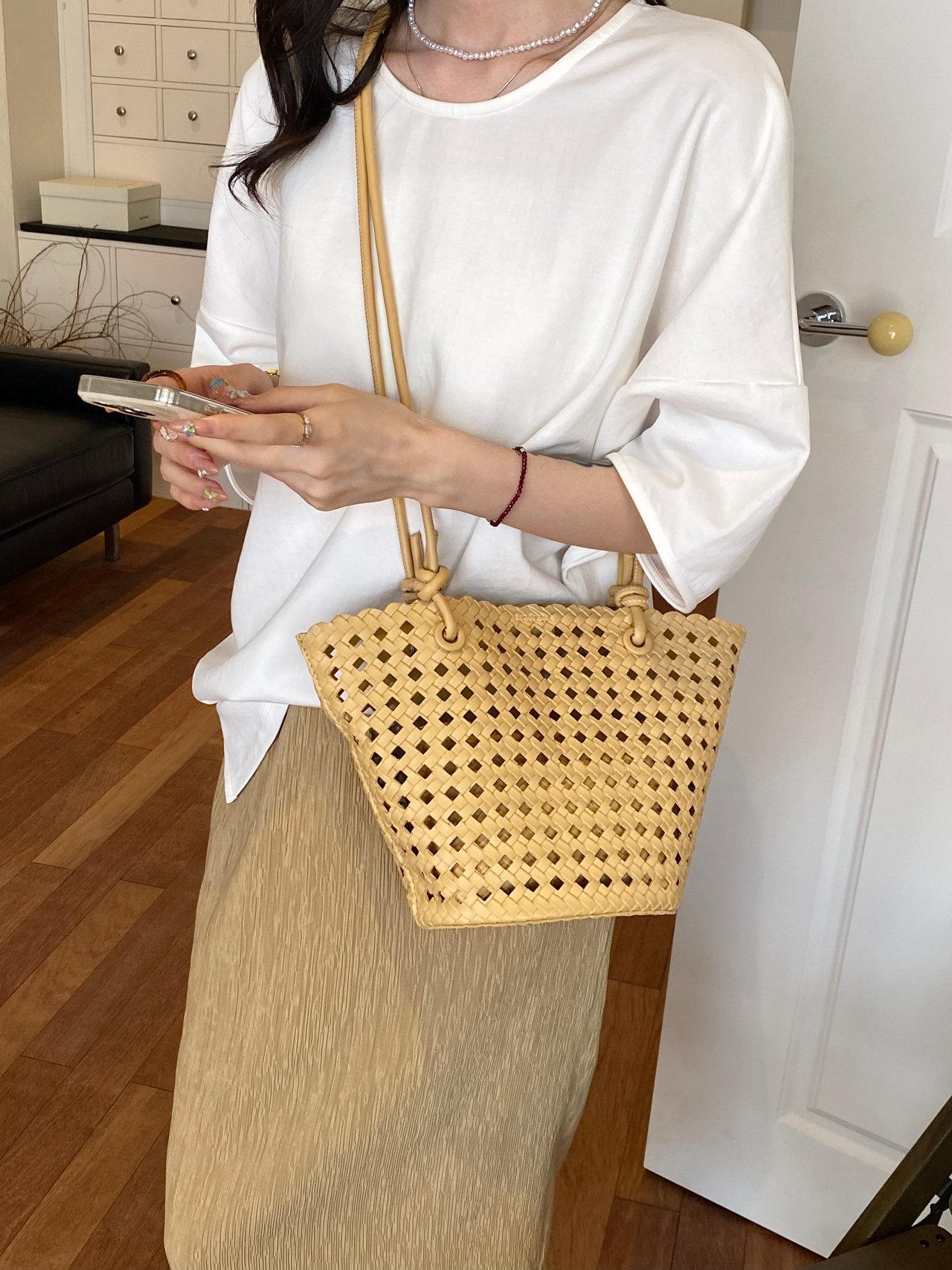 Yellow Basket Weave Design Crossbody Bag