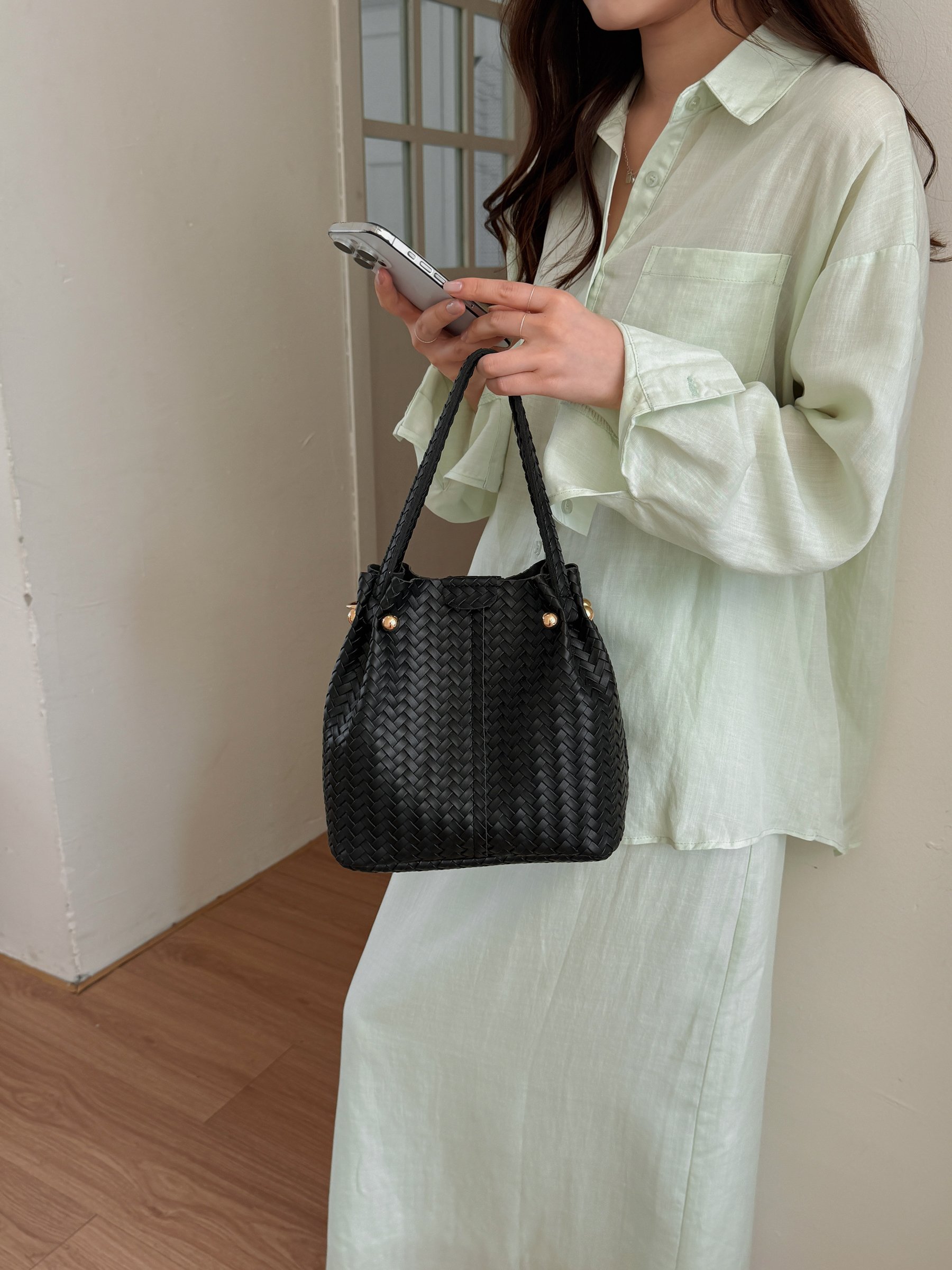Black Basket Weave Bucket Bag