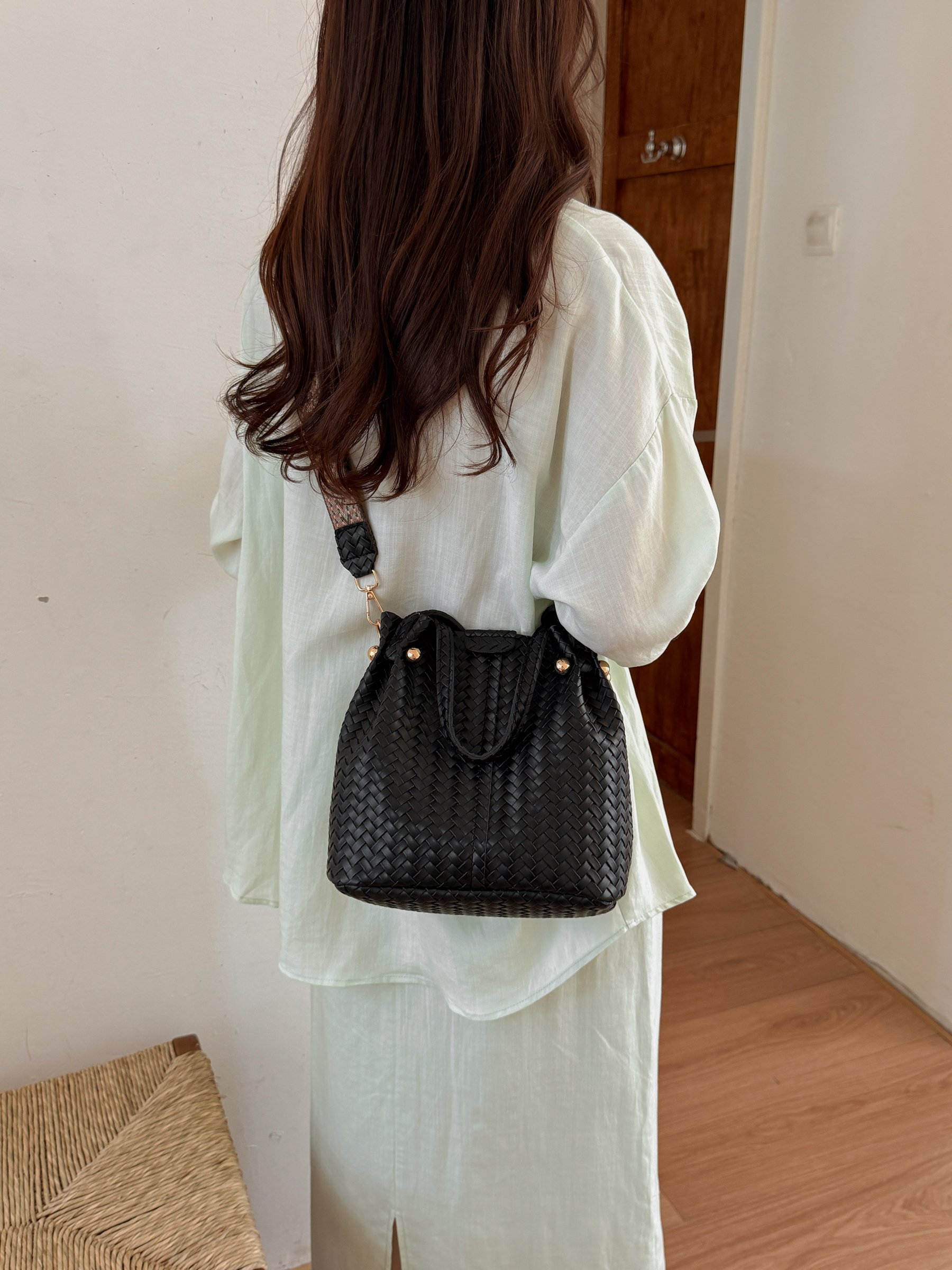 Black Basket Weave Bucket Bag