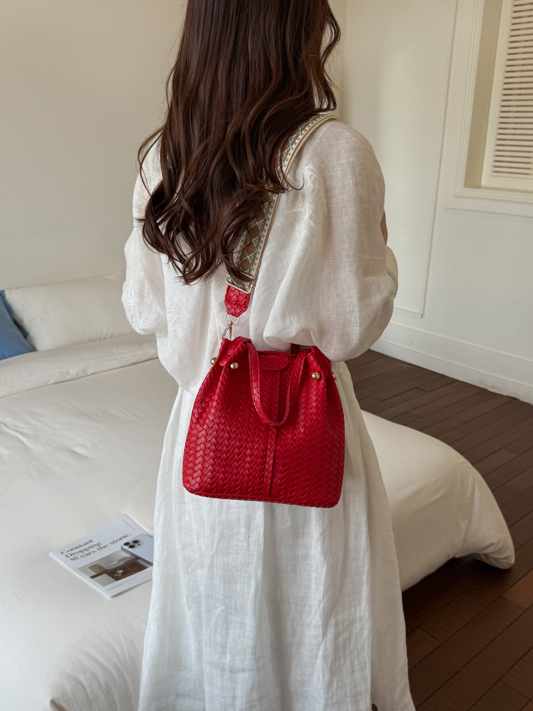 Red Basket Weave Bucket Bag