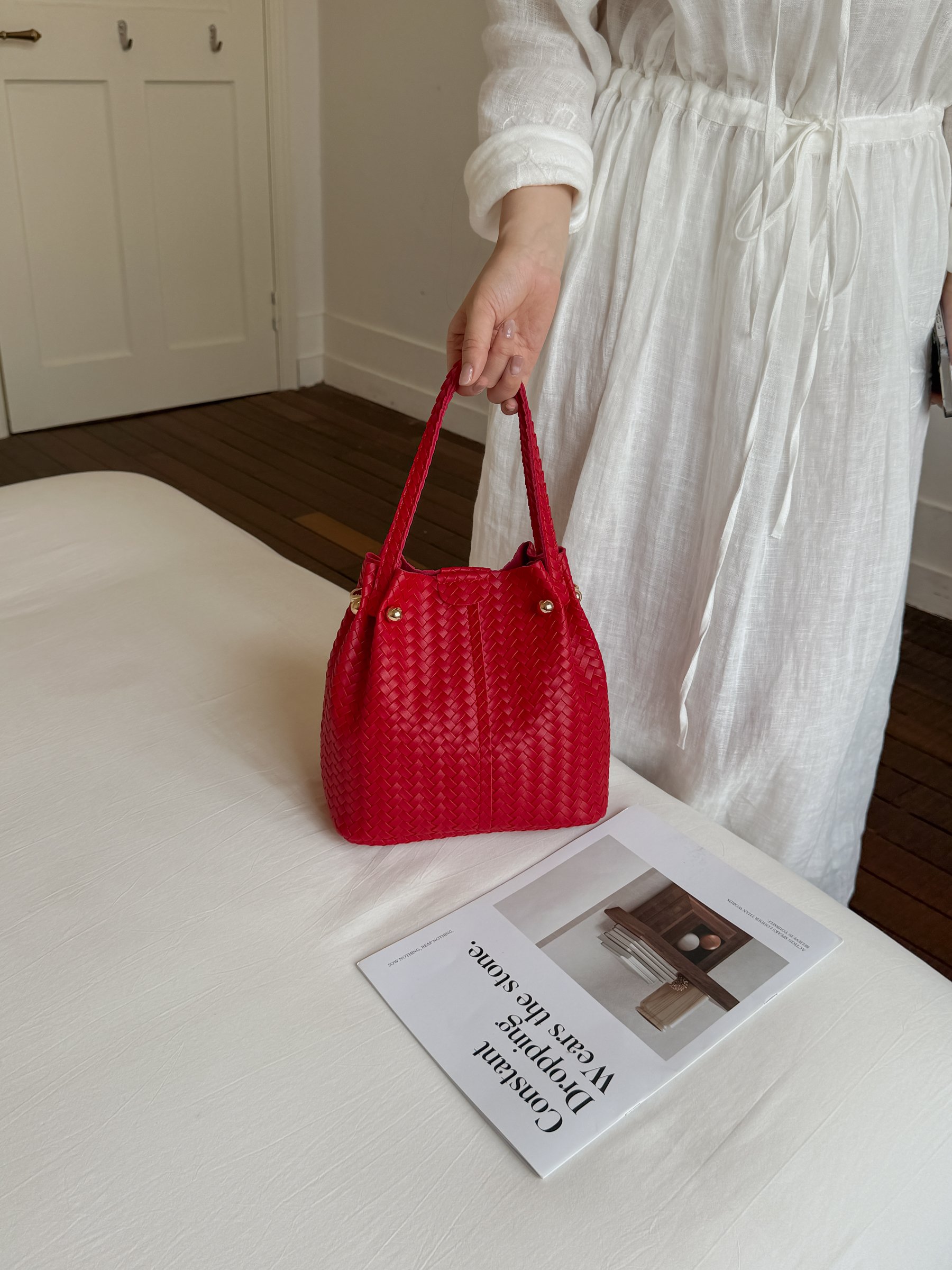 Red Basket Weave Bucket Bag