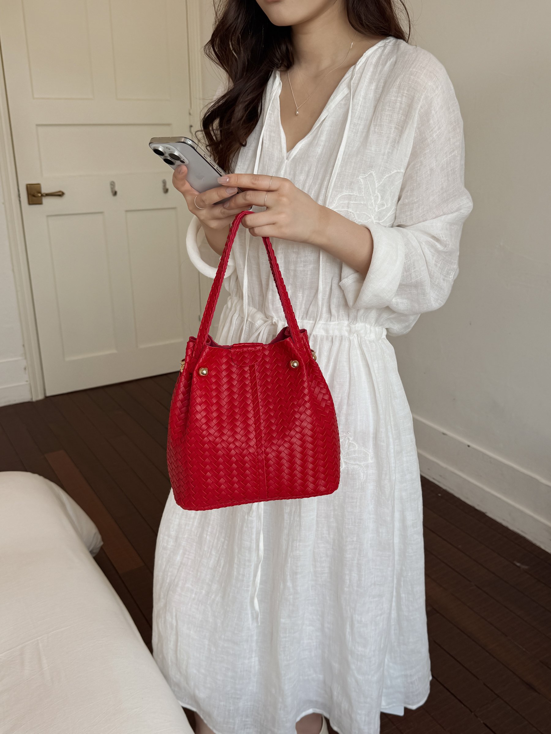 Red Basket Weave Bucket Bag