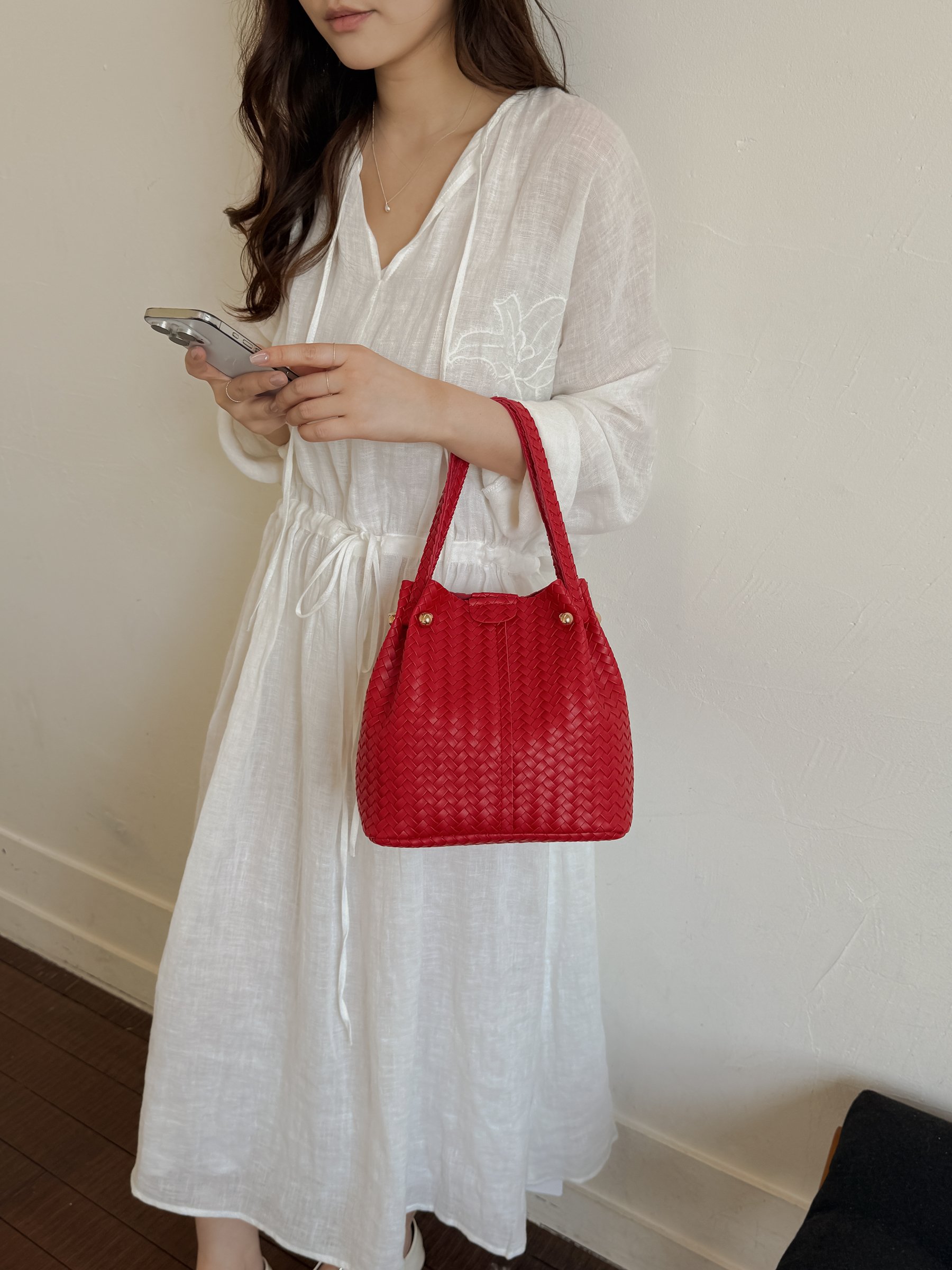 Red Basket Weave Bucket Bag