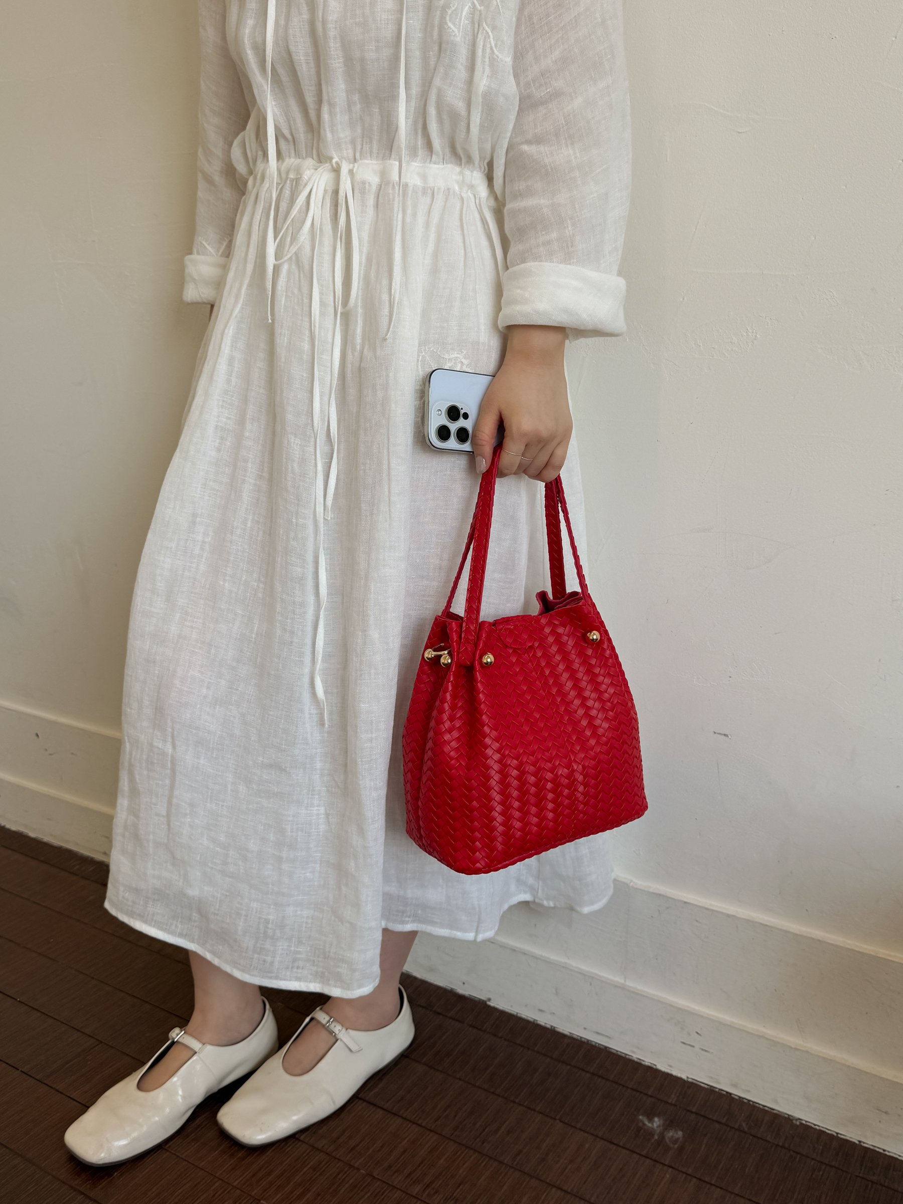 Red Basket Weave Bucket Bag