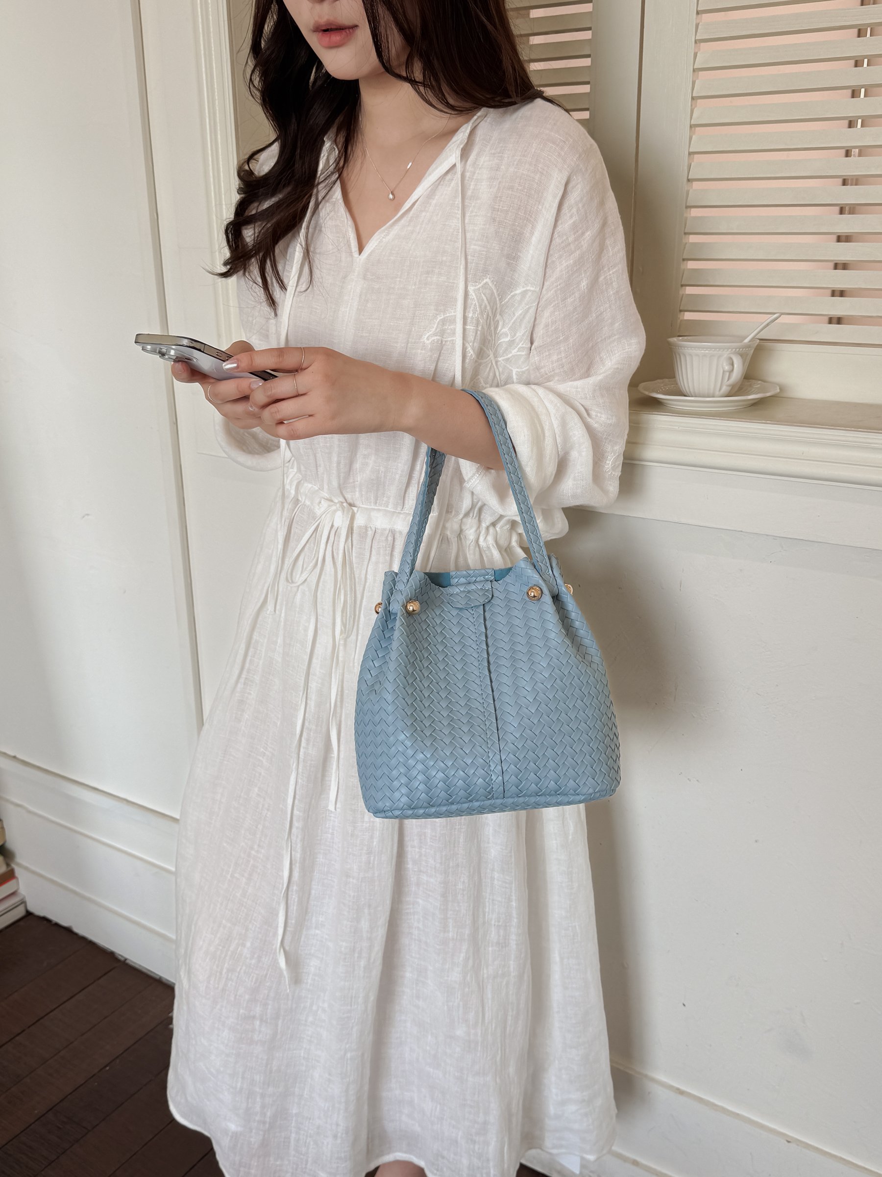 Blue Basket Weave Bucket Bag