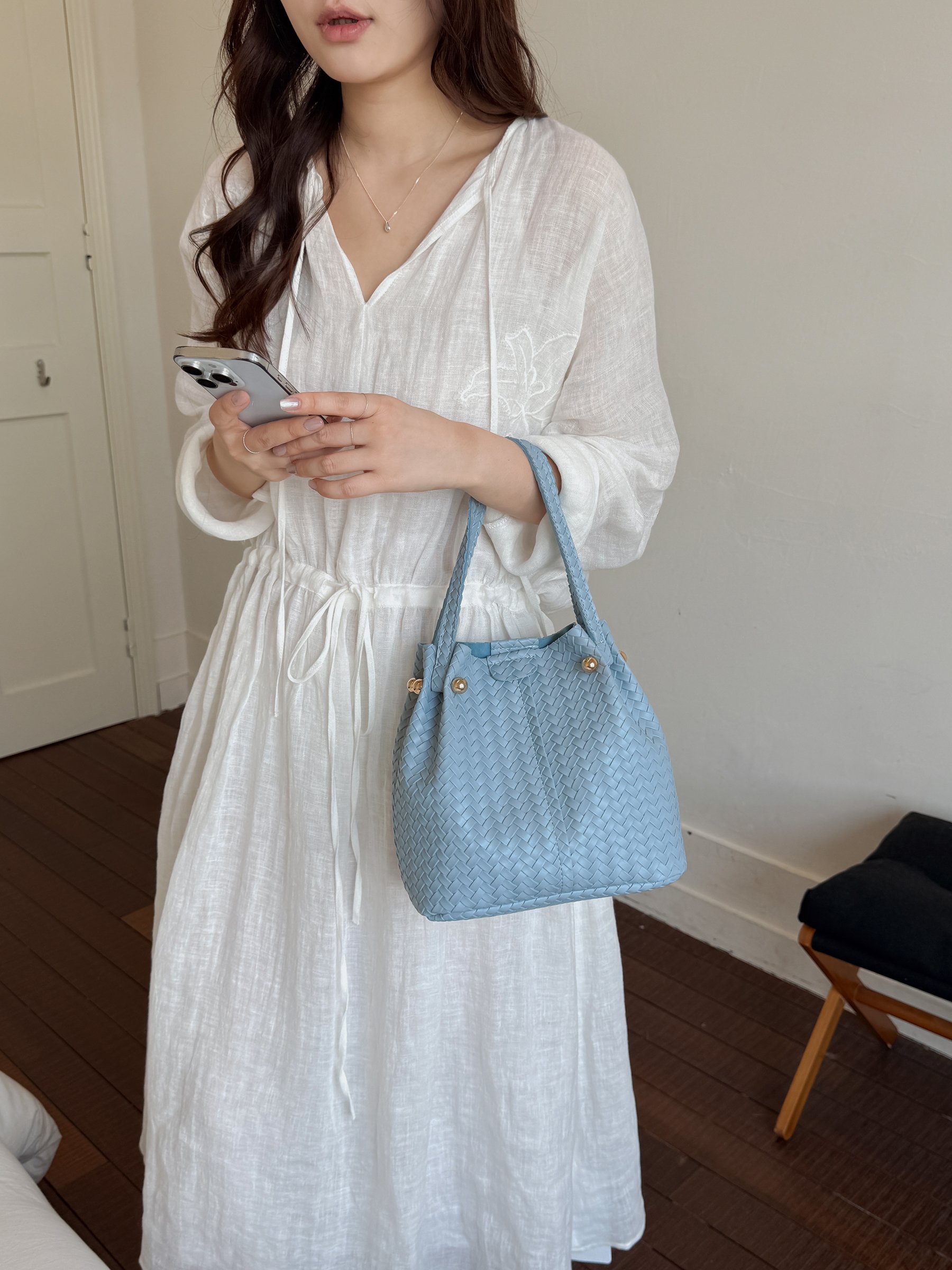 Blue Basket Weave Bucket Bag