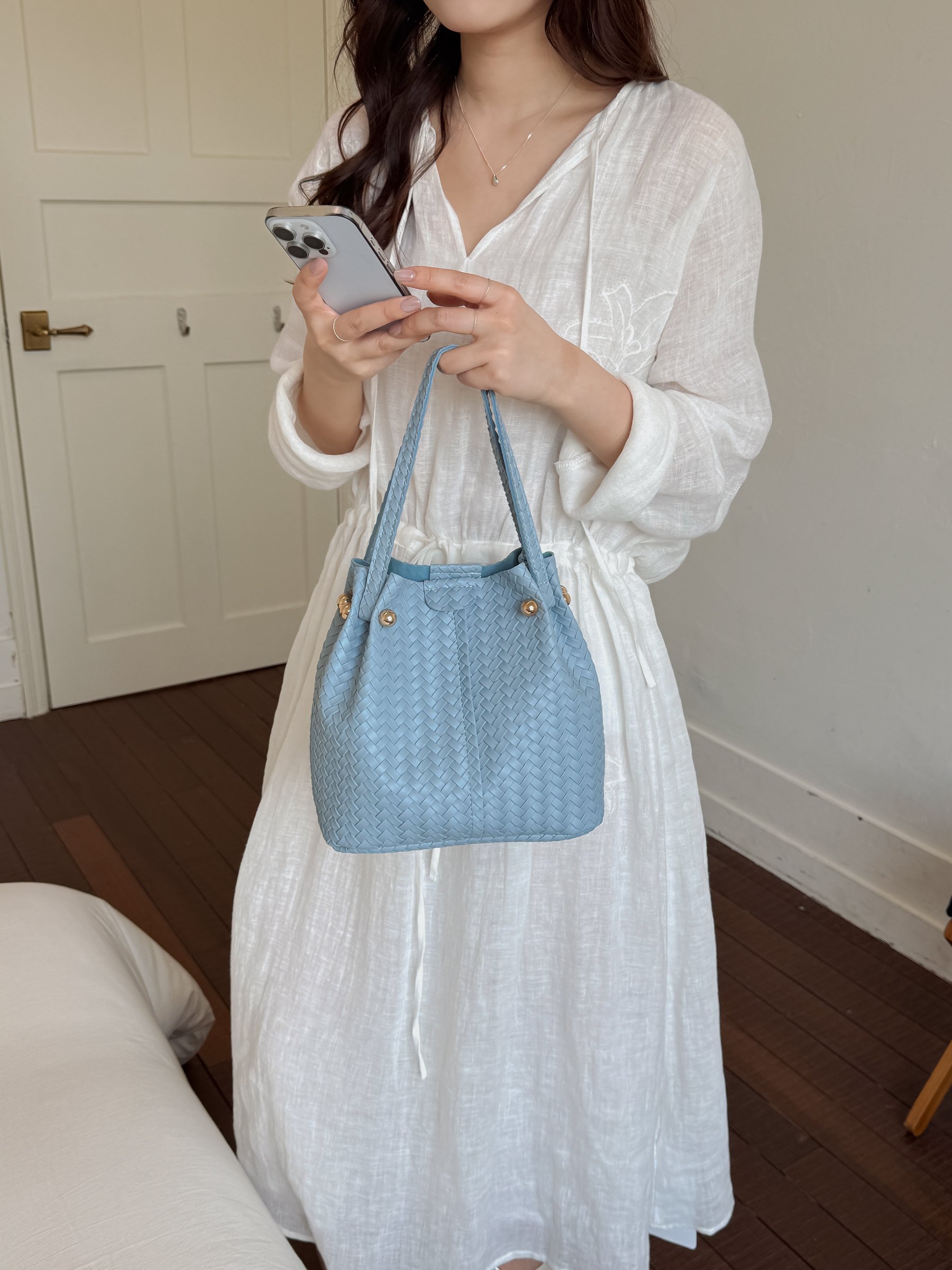 Blue Basket Weave Bucket Bag