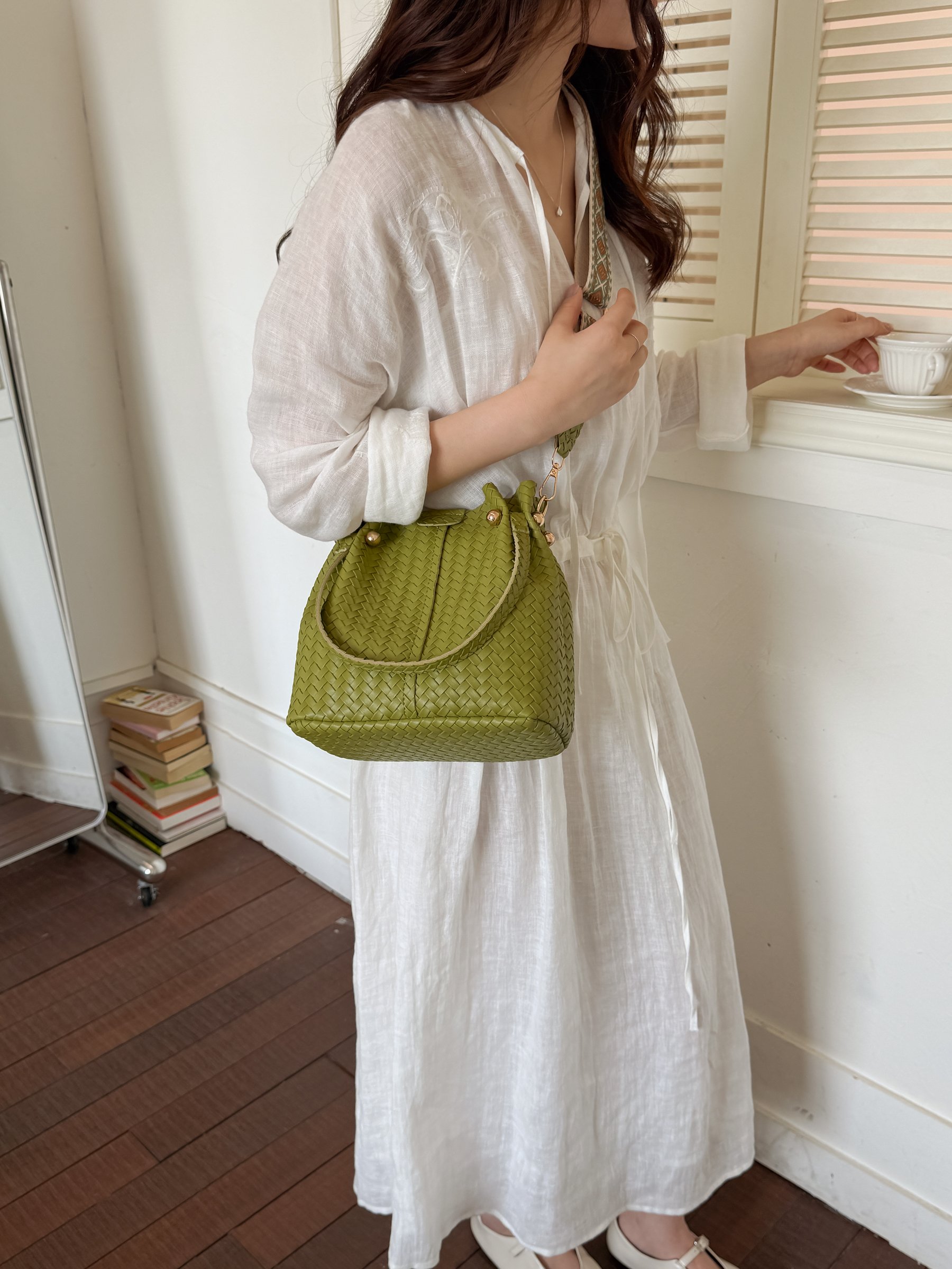 Green Basket Weave Bucket Bag