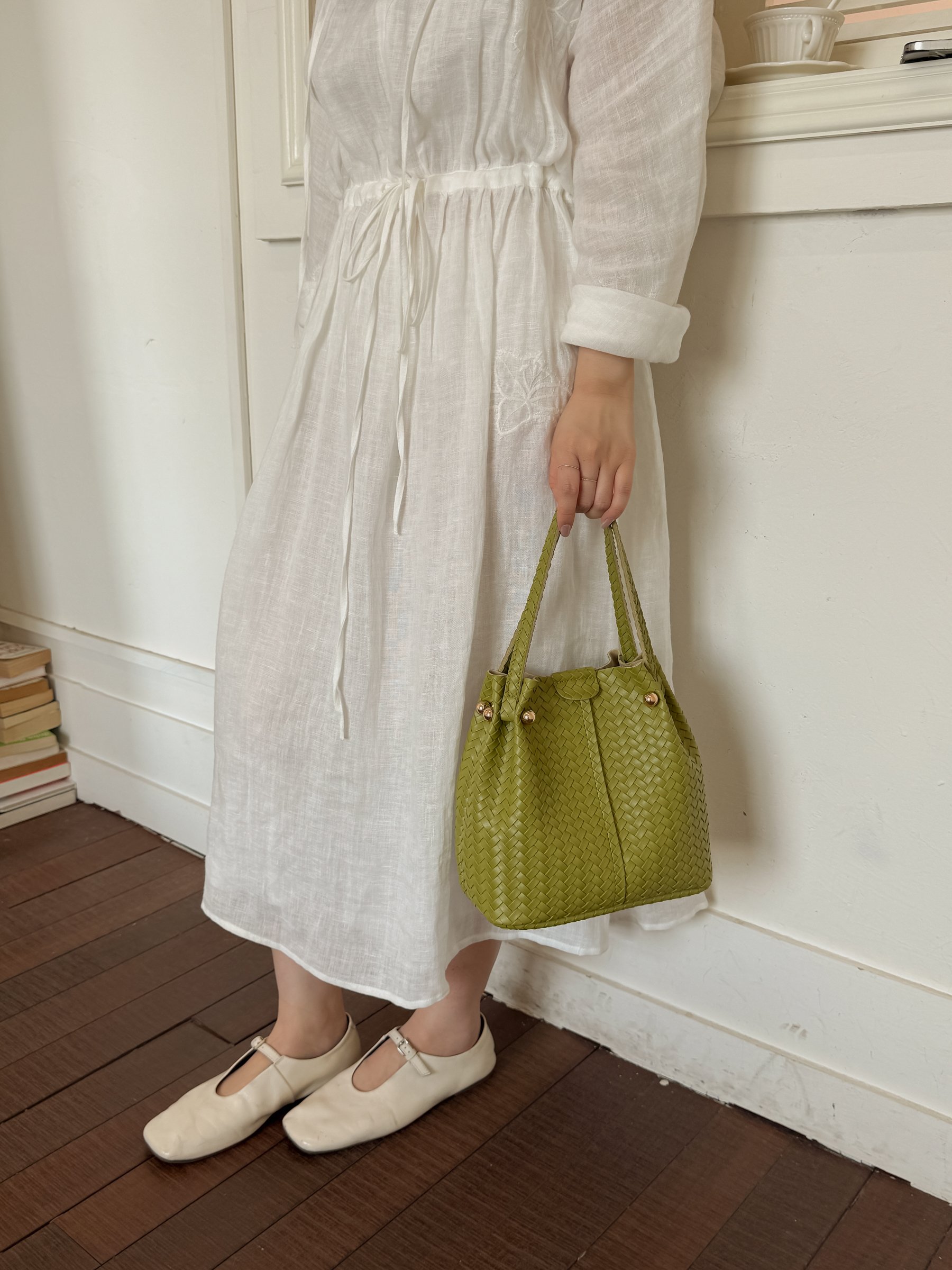 Green Basket Weave Bucket Bag