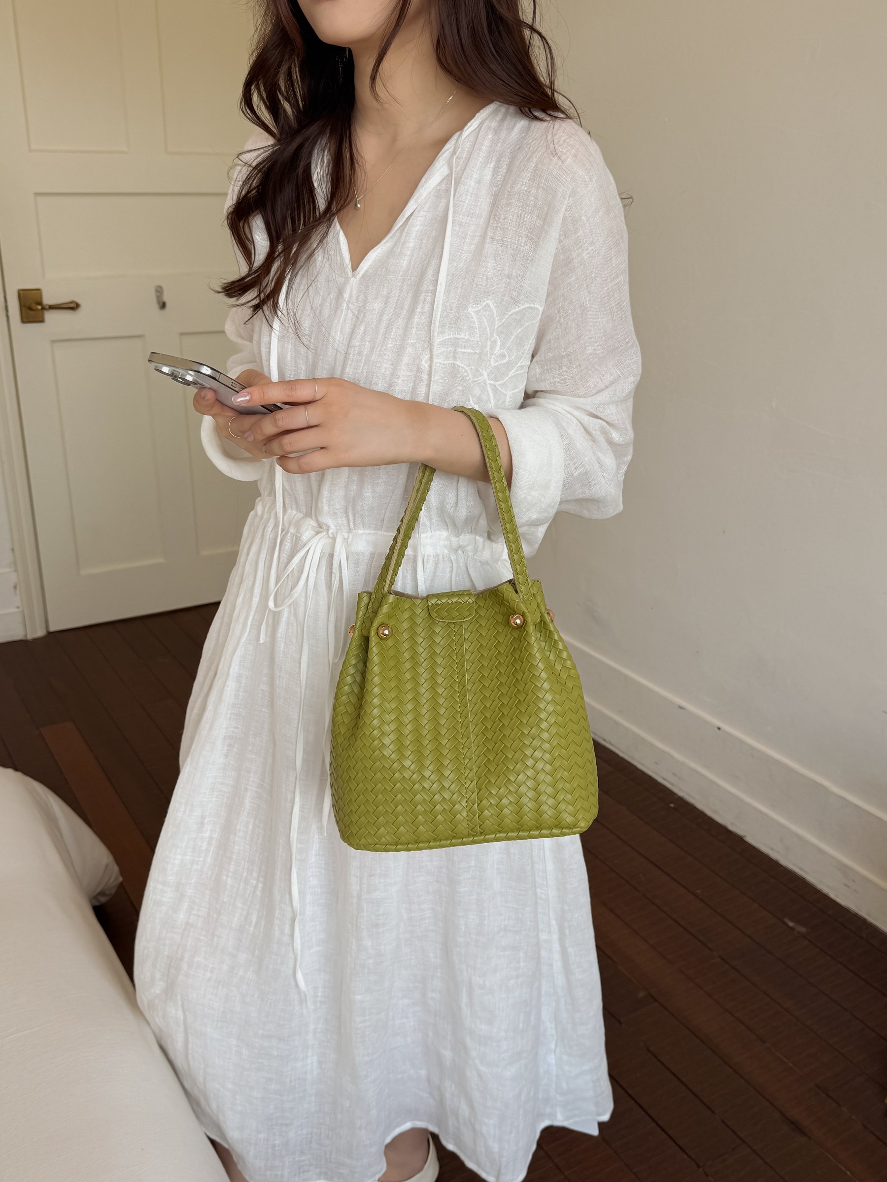 Green Basket Weave Bucket Bag