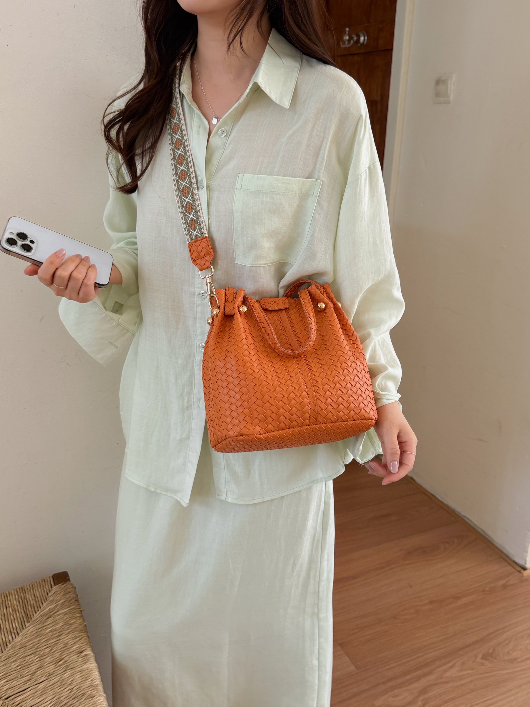 Orange Basket Weave Bucket Bag