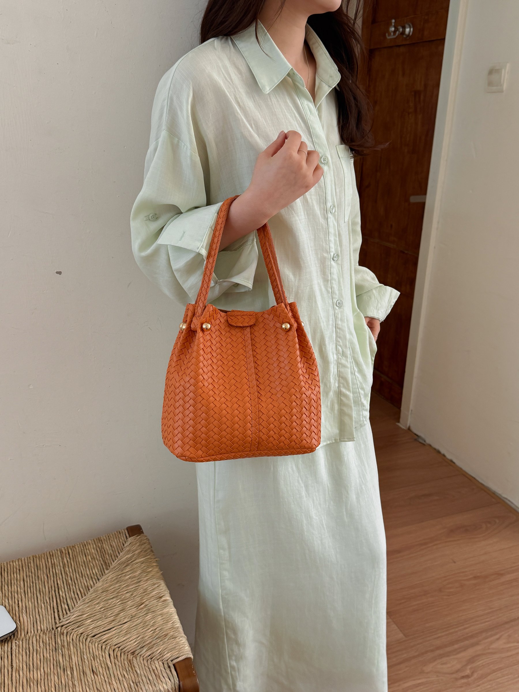 Orange Basket Weave Bucket Bag