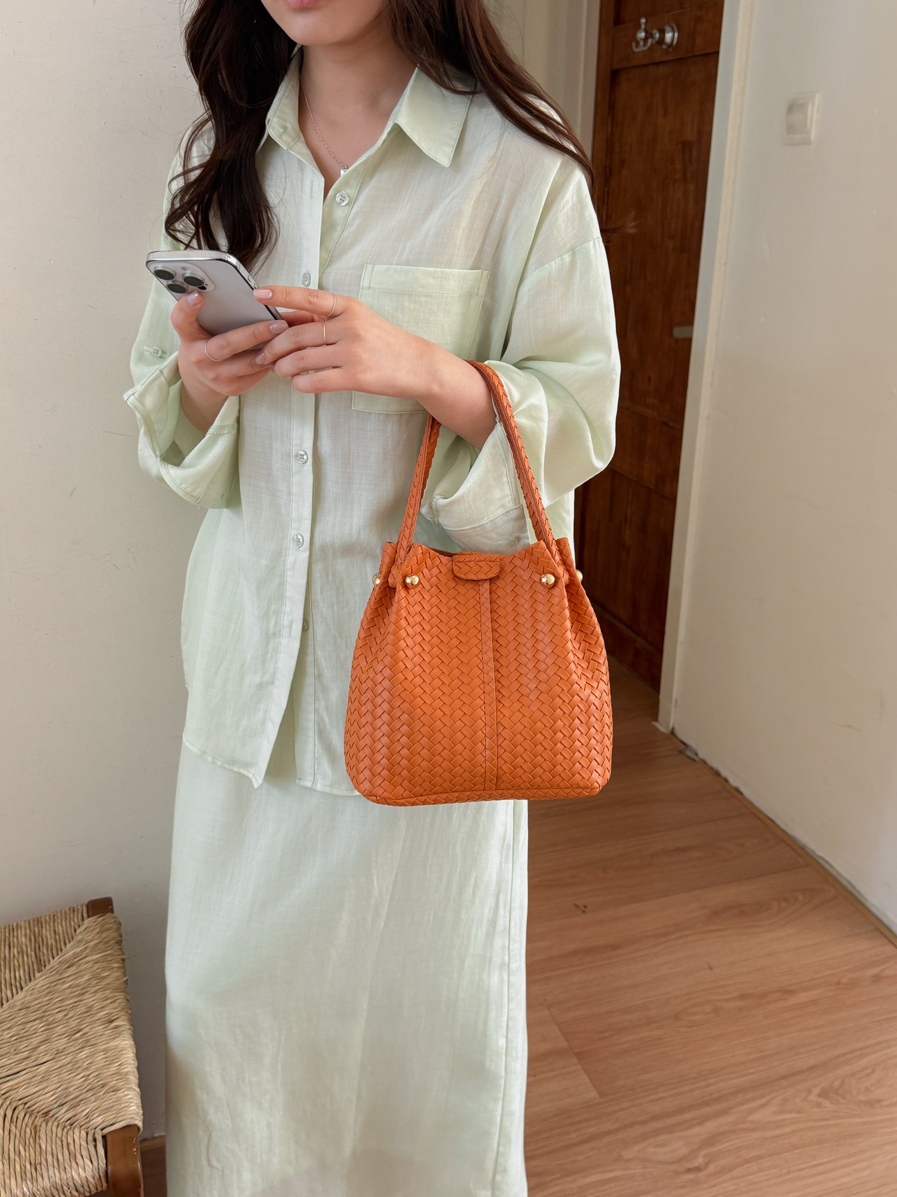Orange Basket Weave Bucket Bag