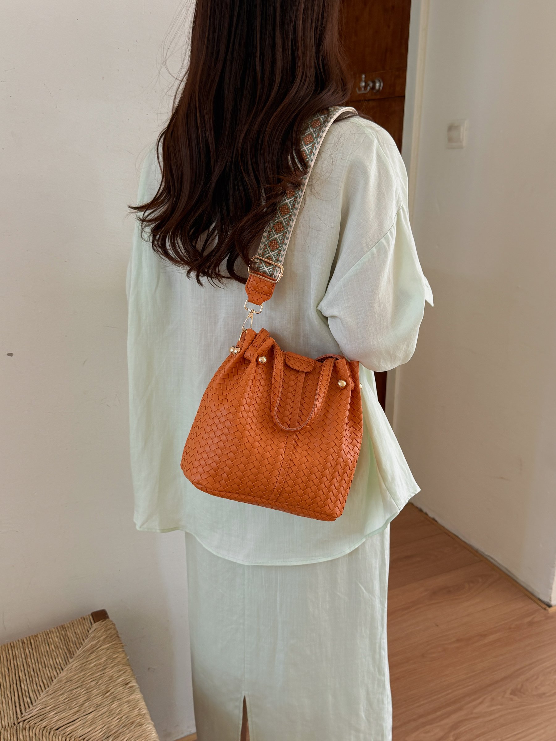 Orange Basket Weave Bucket Bag