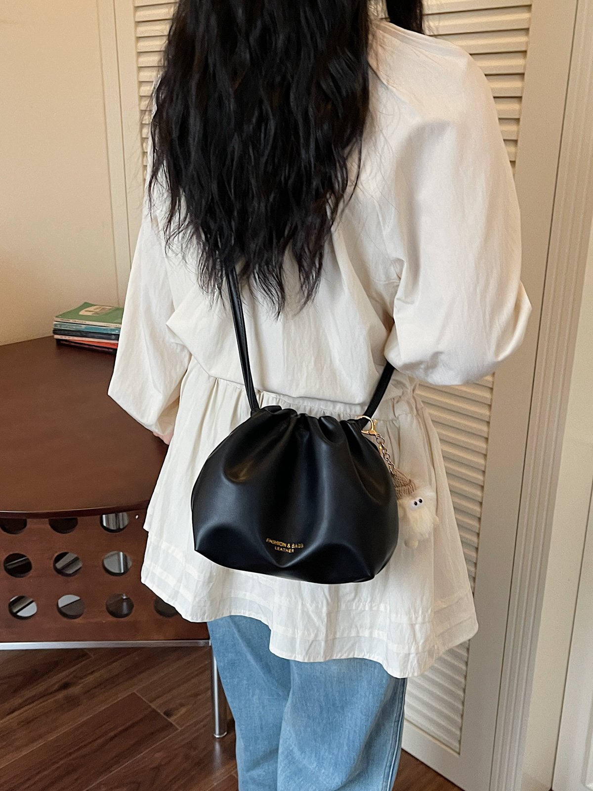 Black Plain Crossbody Bag with Plush Charm