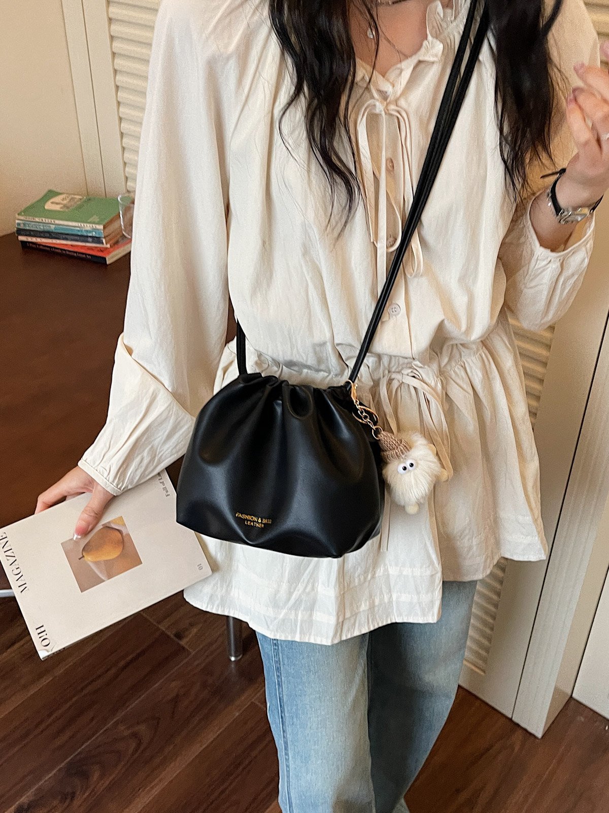 Black Plain Crossbody Bag with Plush Charm