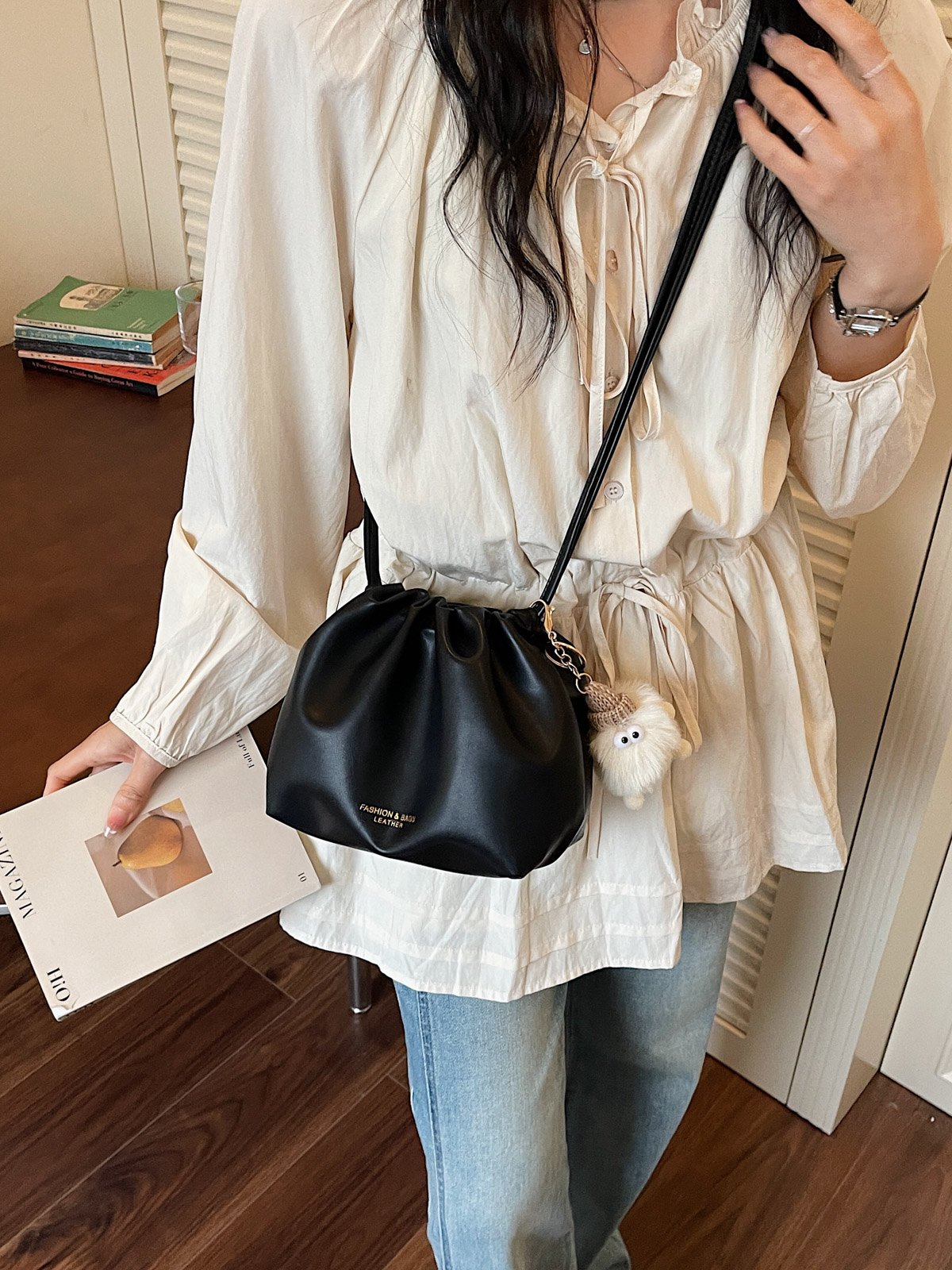 Black Plain Crossbody Bag with Plush Charm