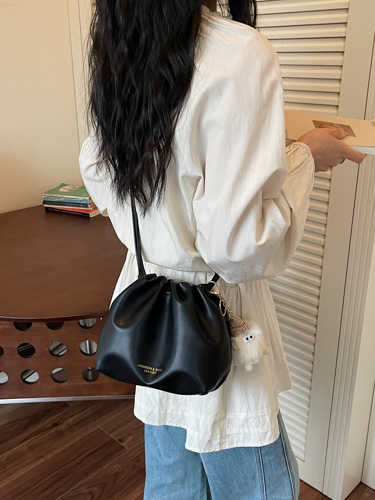 Black Plain Crossbody Bag with Plush Charm