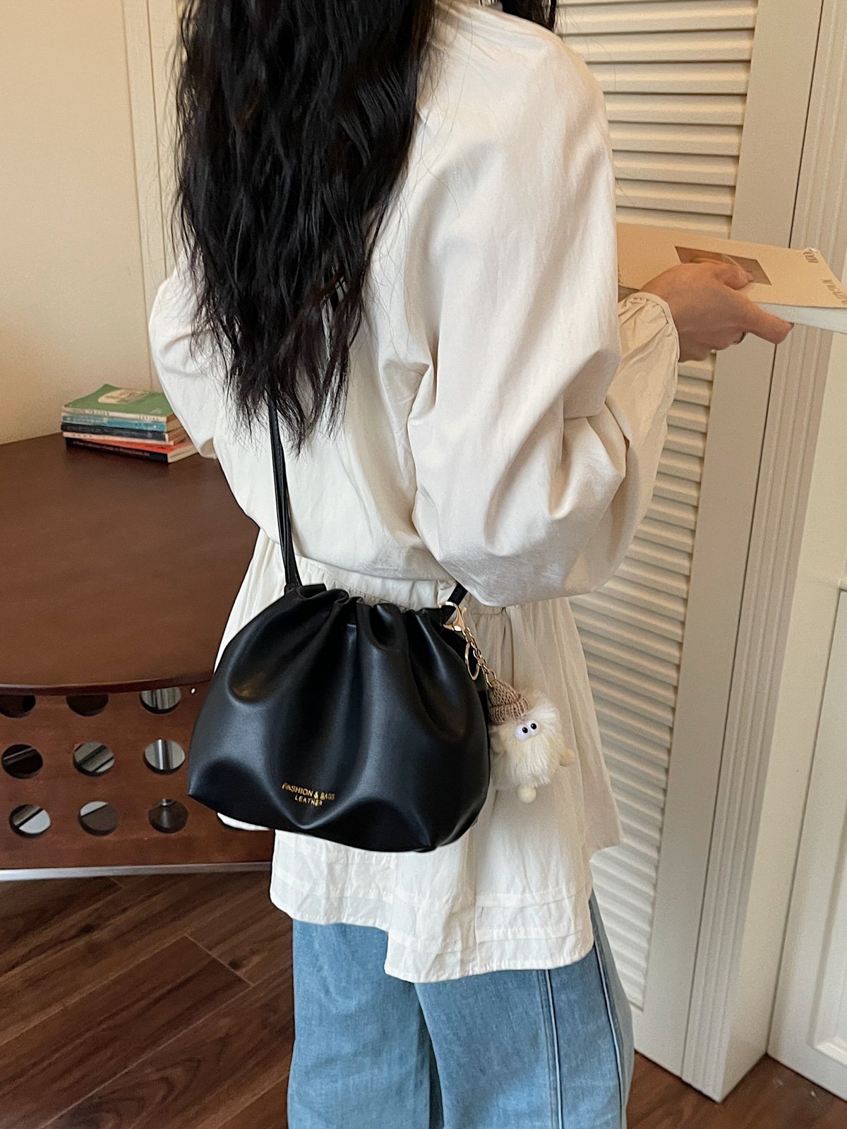 Black Plain Crossbody Bag with Plush Charm