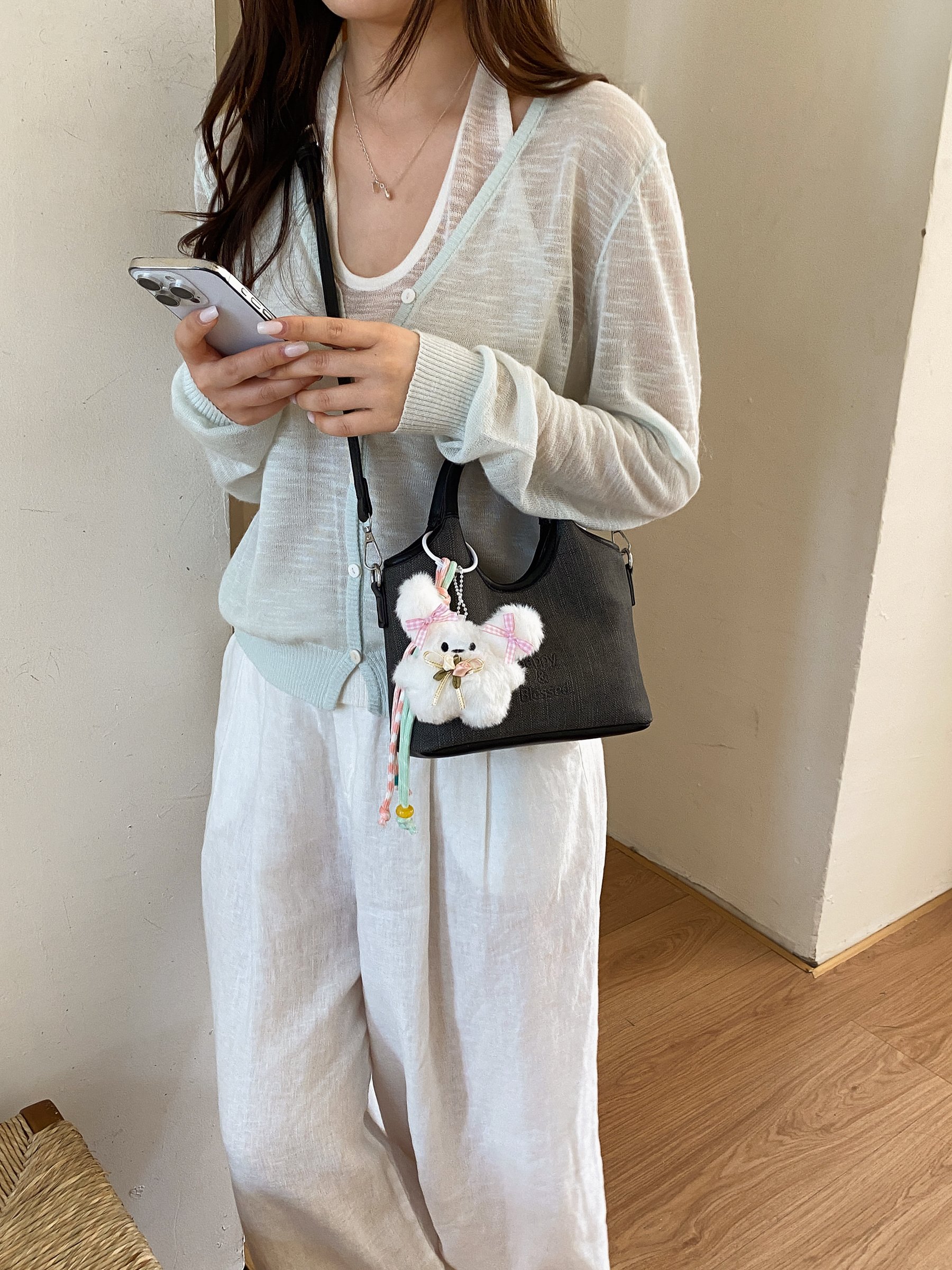 Black Double Top Handle Bag with Plush Charm