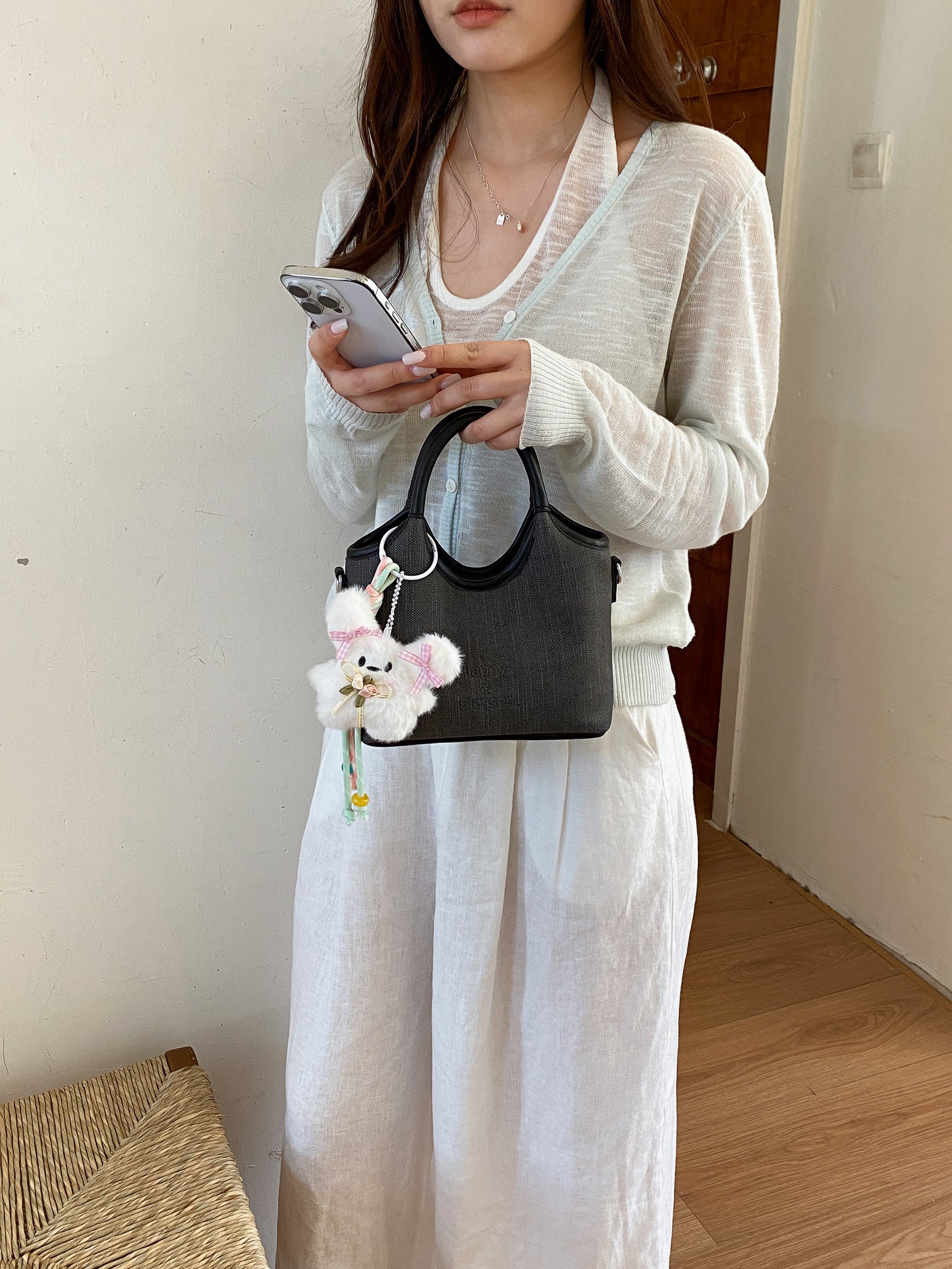 Black Double Top Handle Bag with Plush Charm