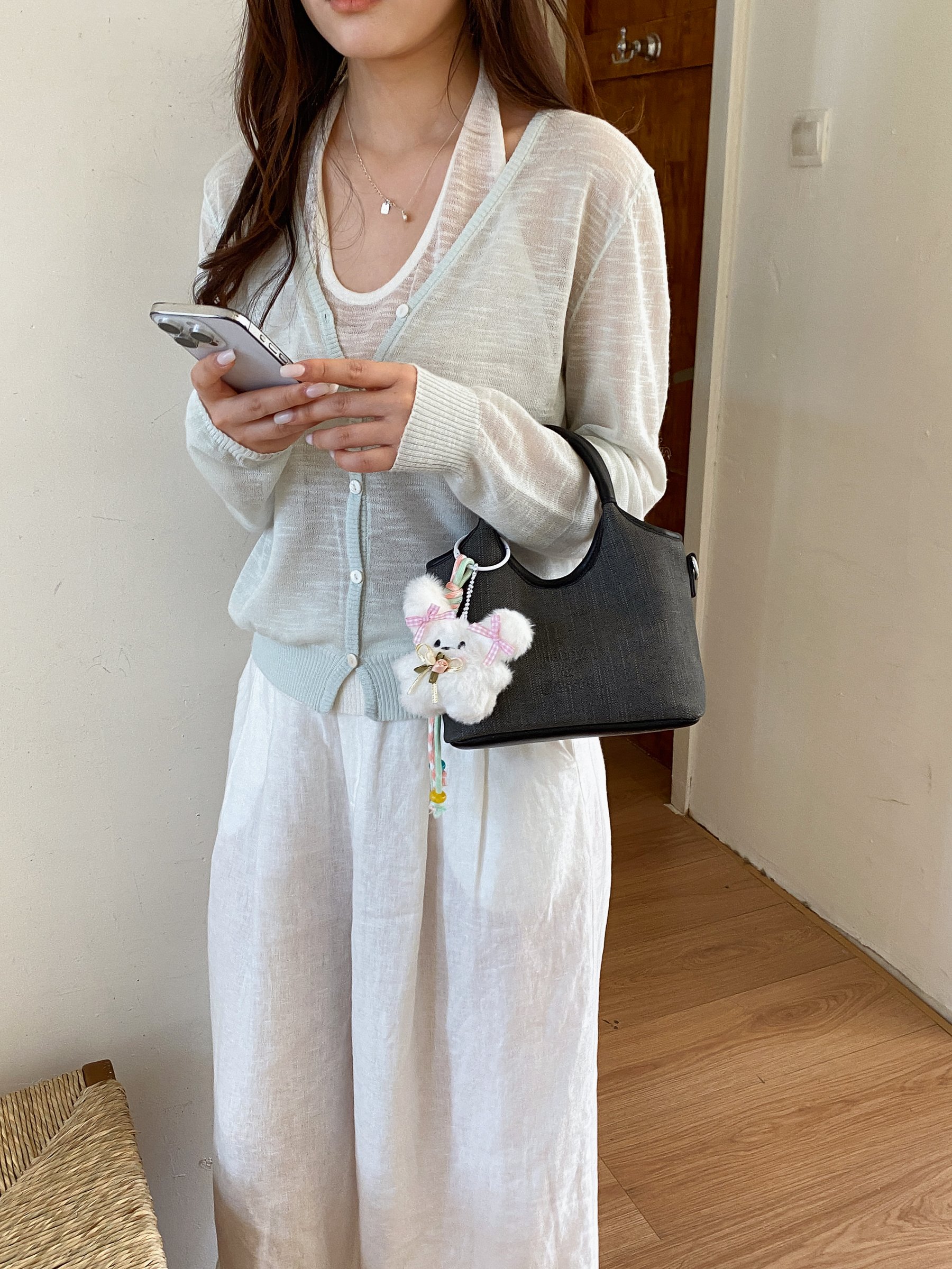Black Double Top Handle Bag with Plush Charm