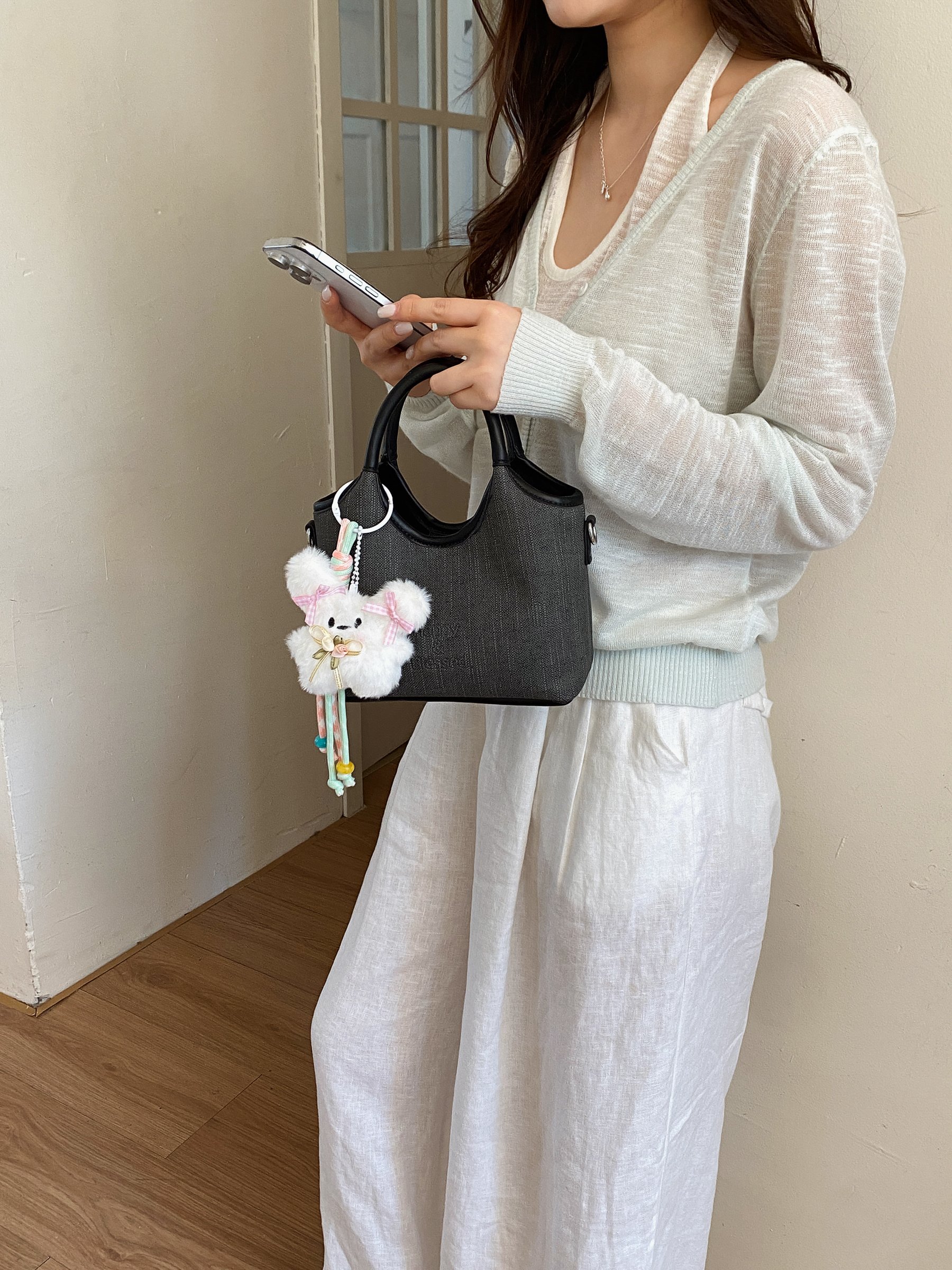 Black Double Top Handle Bag with Plush Charm