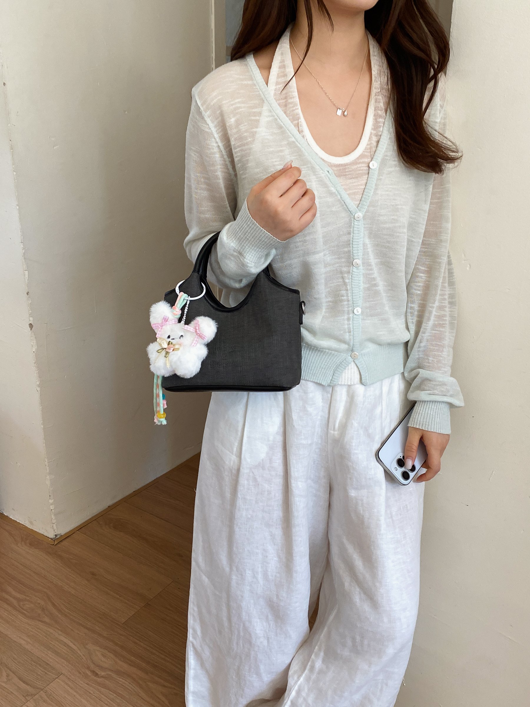 Black Double Top Handle Bag with Plush Charm