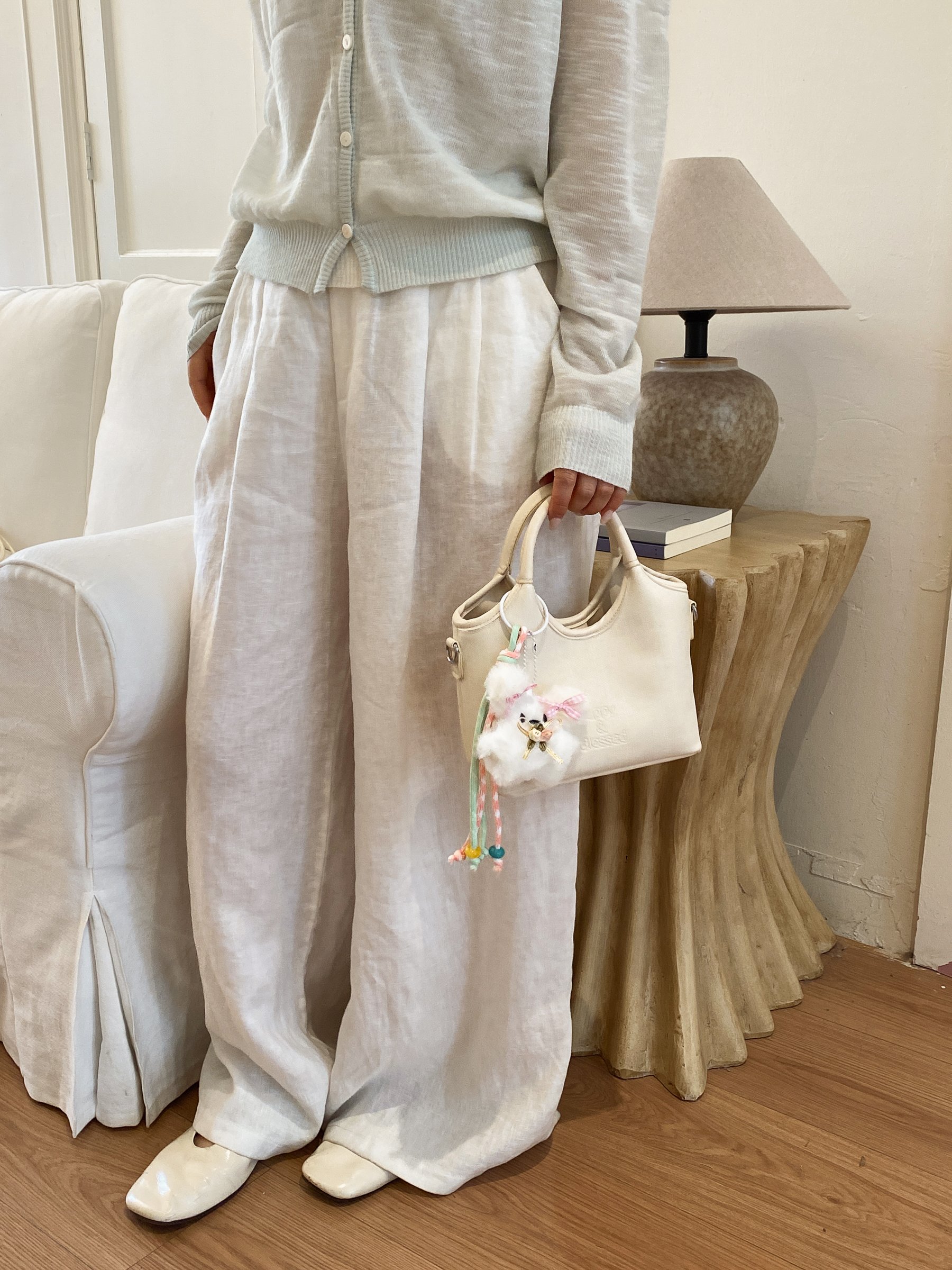White Double Top Handle Bag with Plush Charm