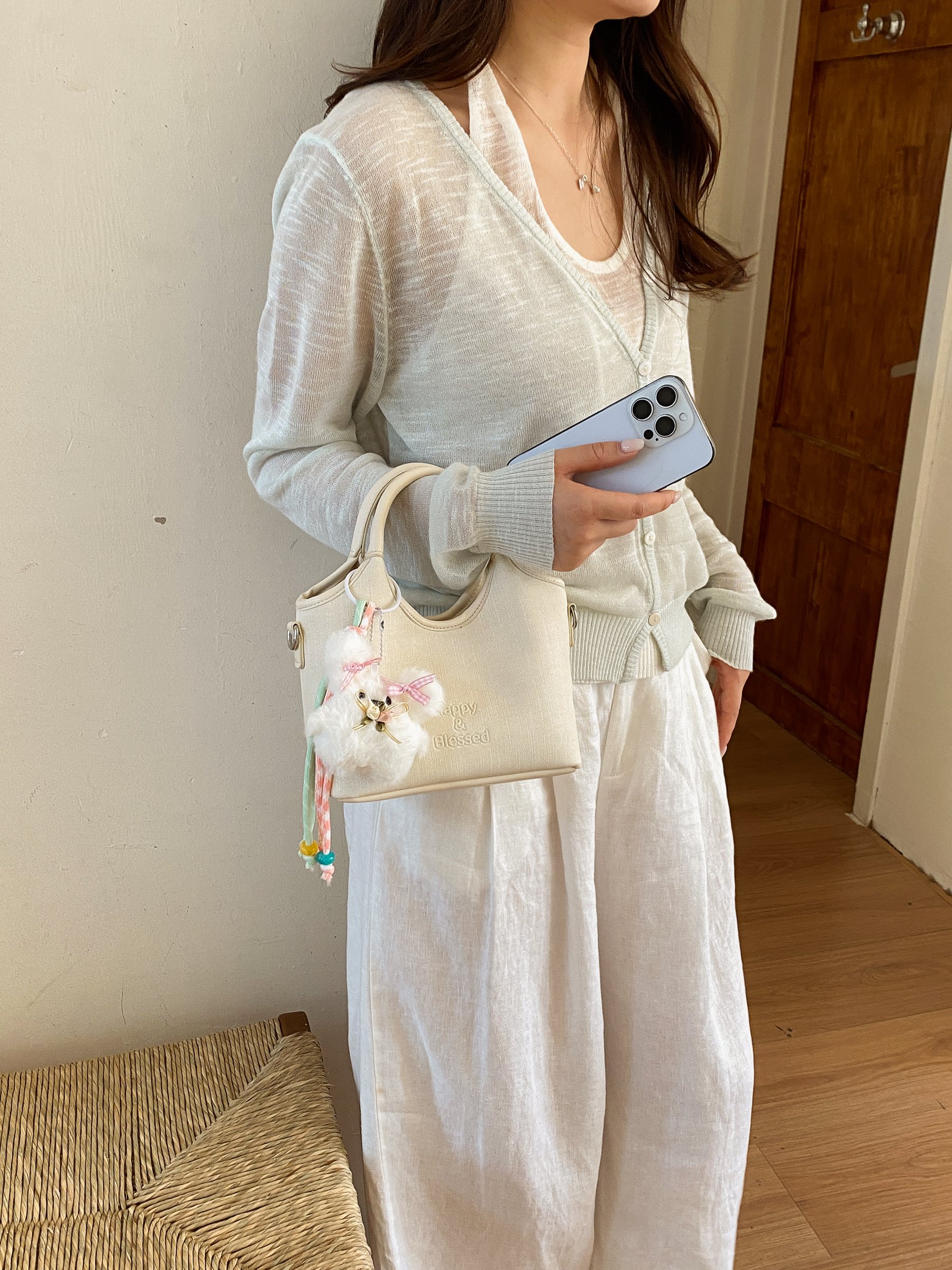 White Double Top Handle Bag with Plush Charm