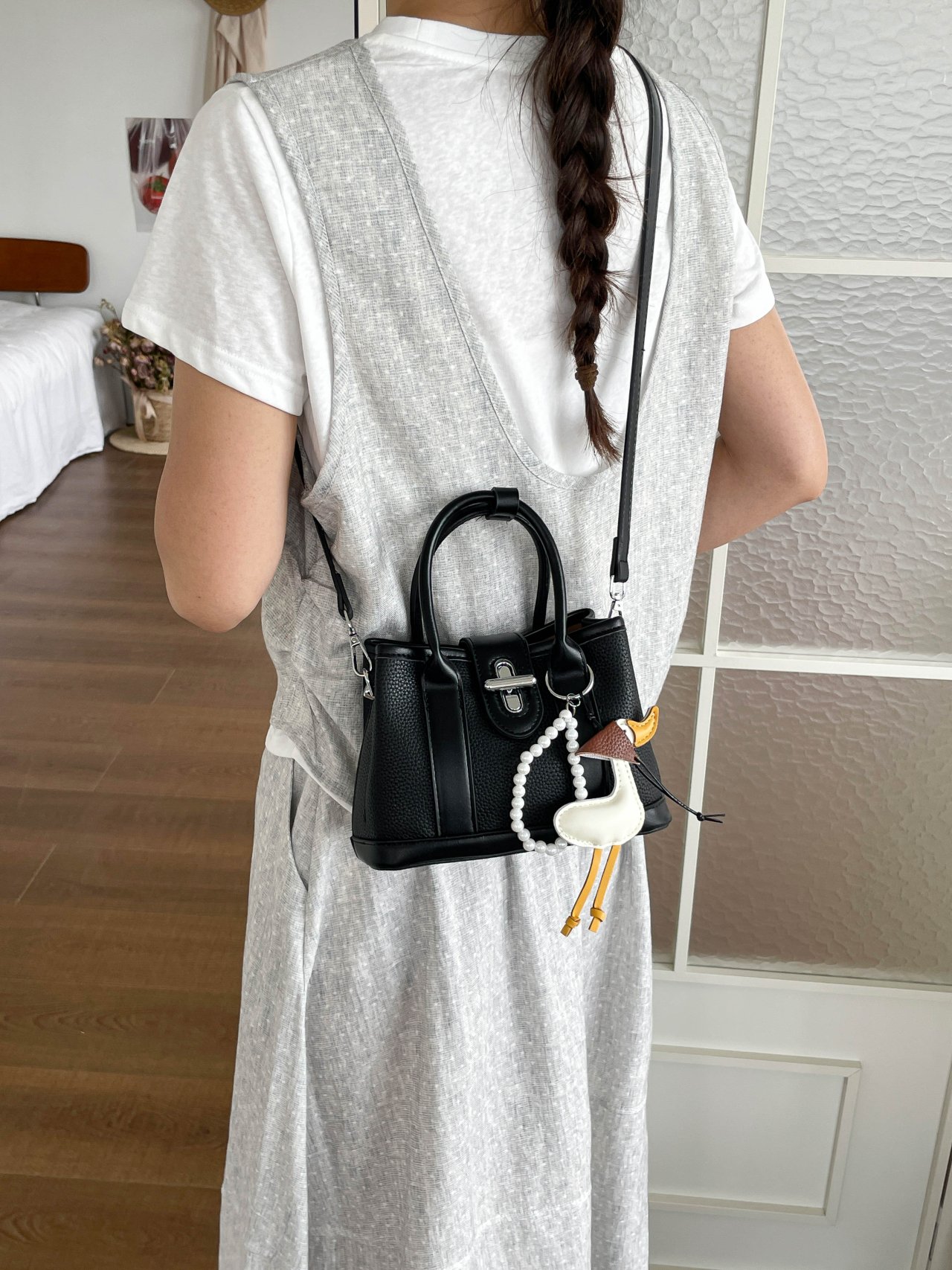 Black Plain Turn Lock Handbag with Charm