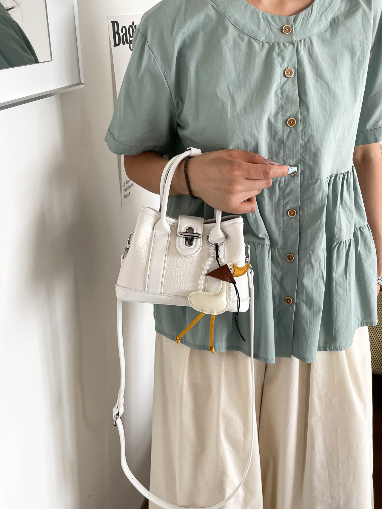 White Plain Turn Lock Handbag with Charm