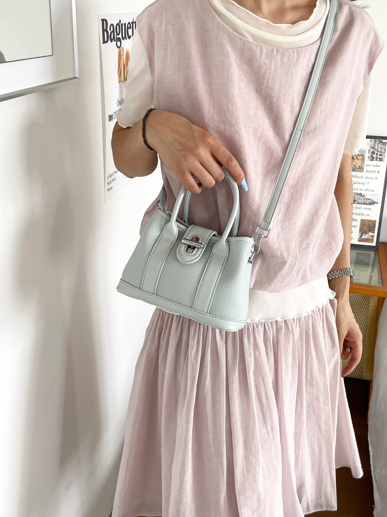 Blue Plain Crossbody Bag with Charm