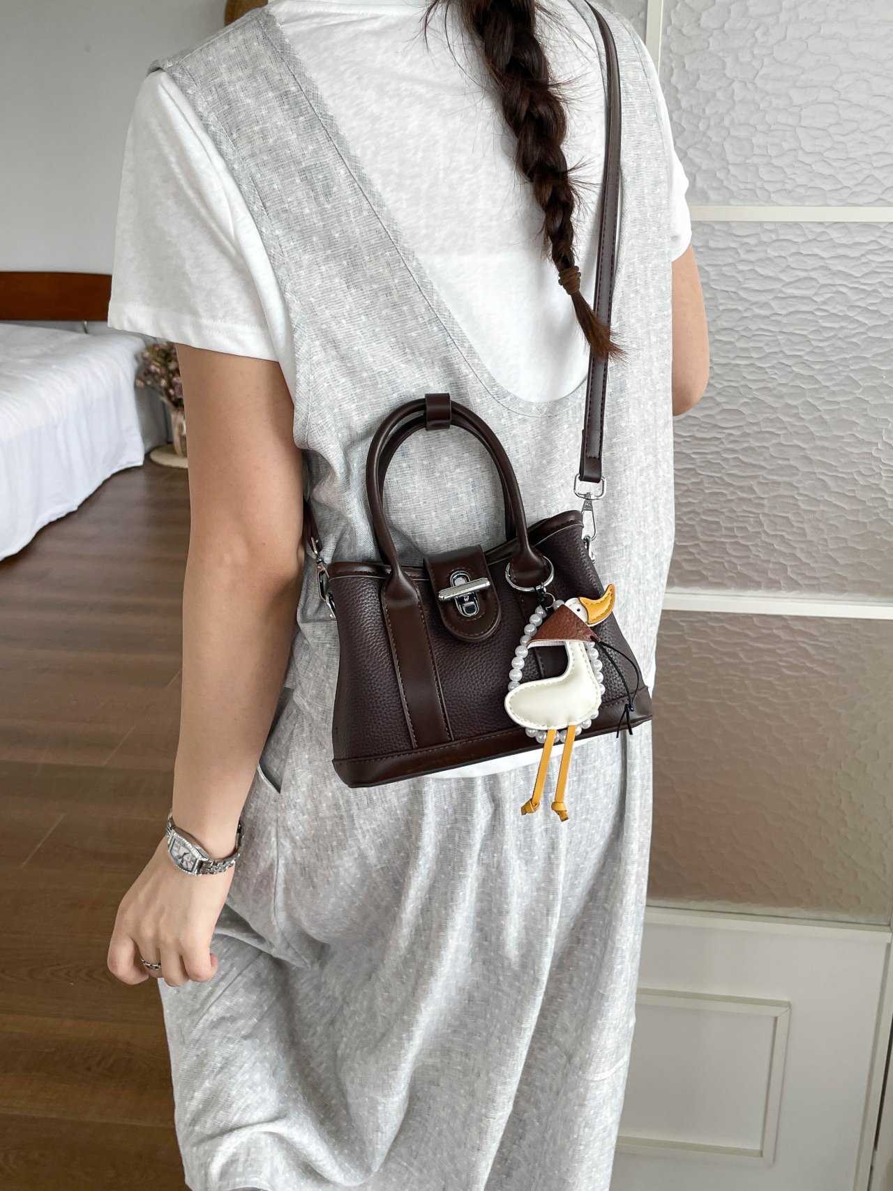 Coffee Brown Plain Crossbody Bag with Charm