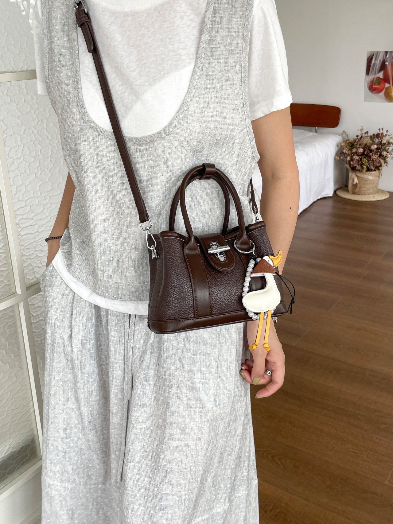Coffee Brown Plain Crossbody Bag with Charm