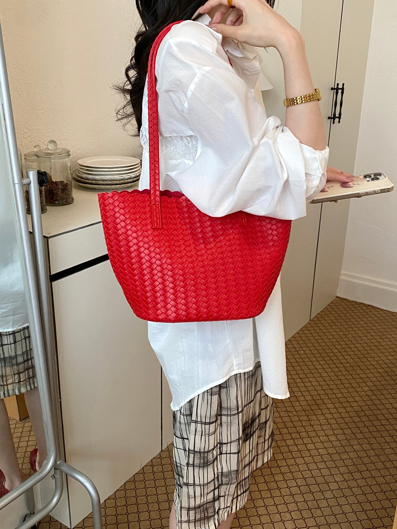 Red Basket Weave Tote Bag