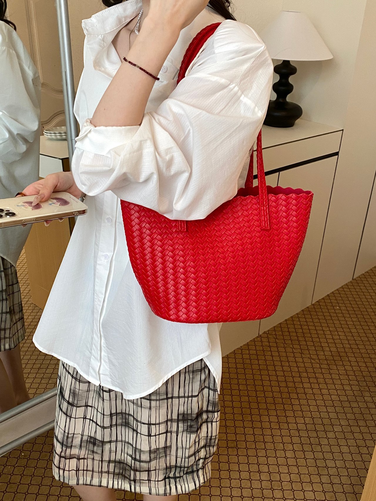 Red Basket Weave Tote Bag