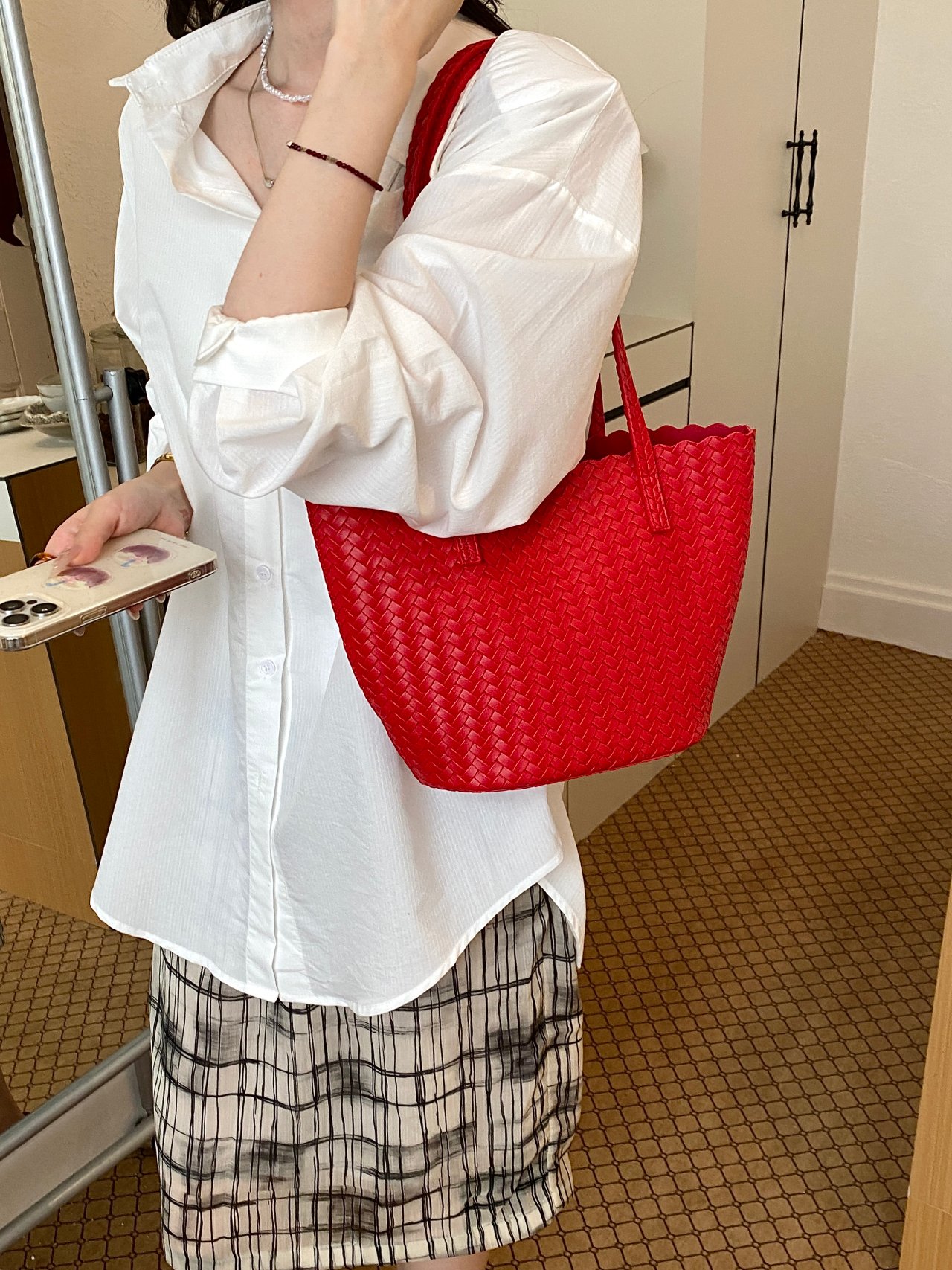 Red Basket Weave Tote Bag