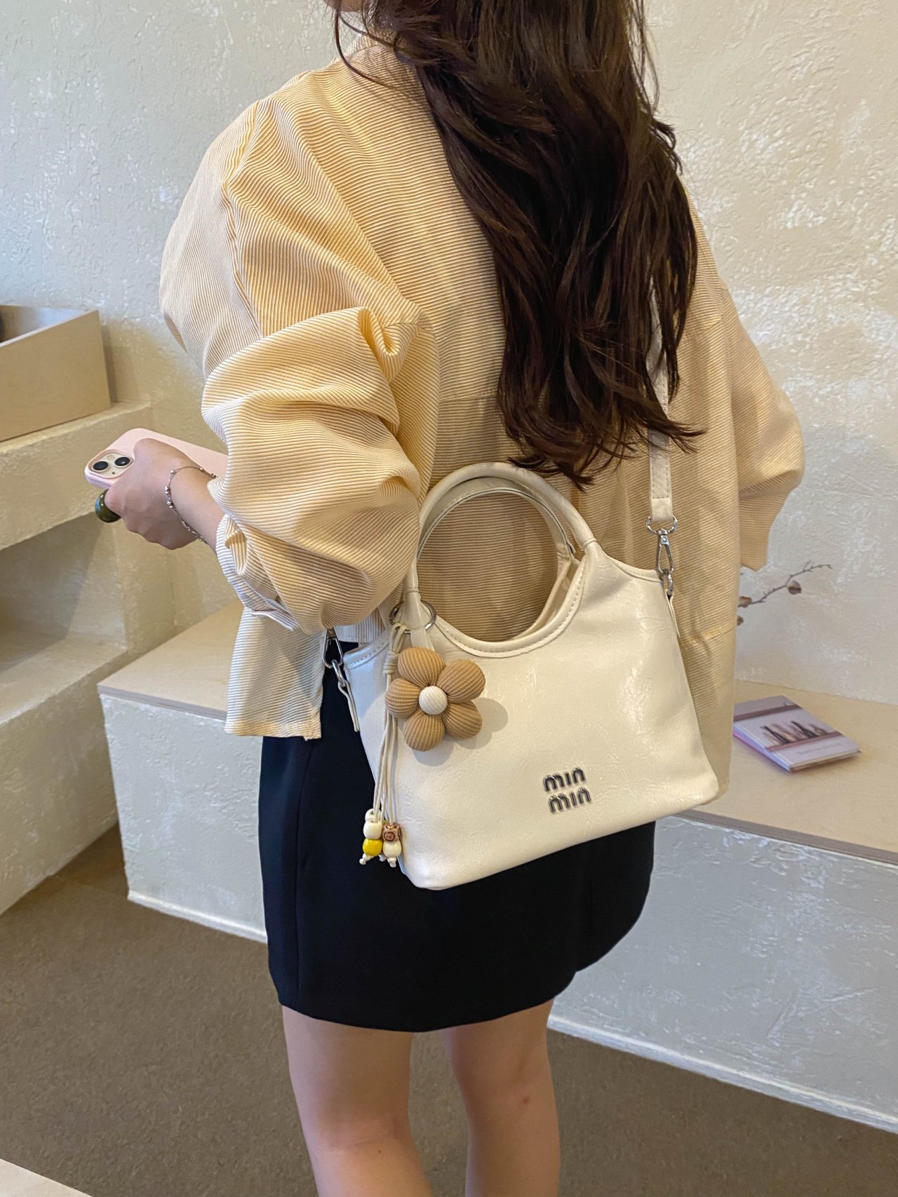 White Double Top Handle Bag with Flower Charm