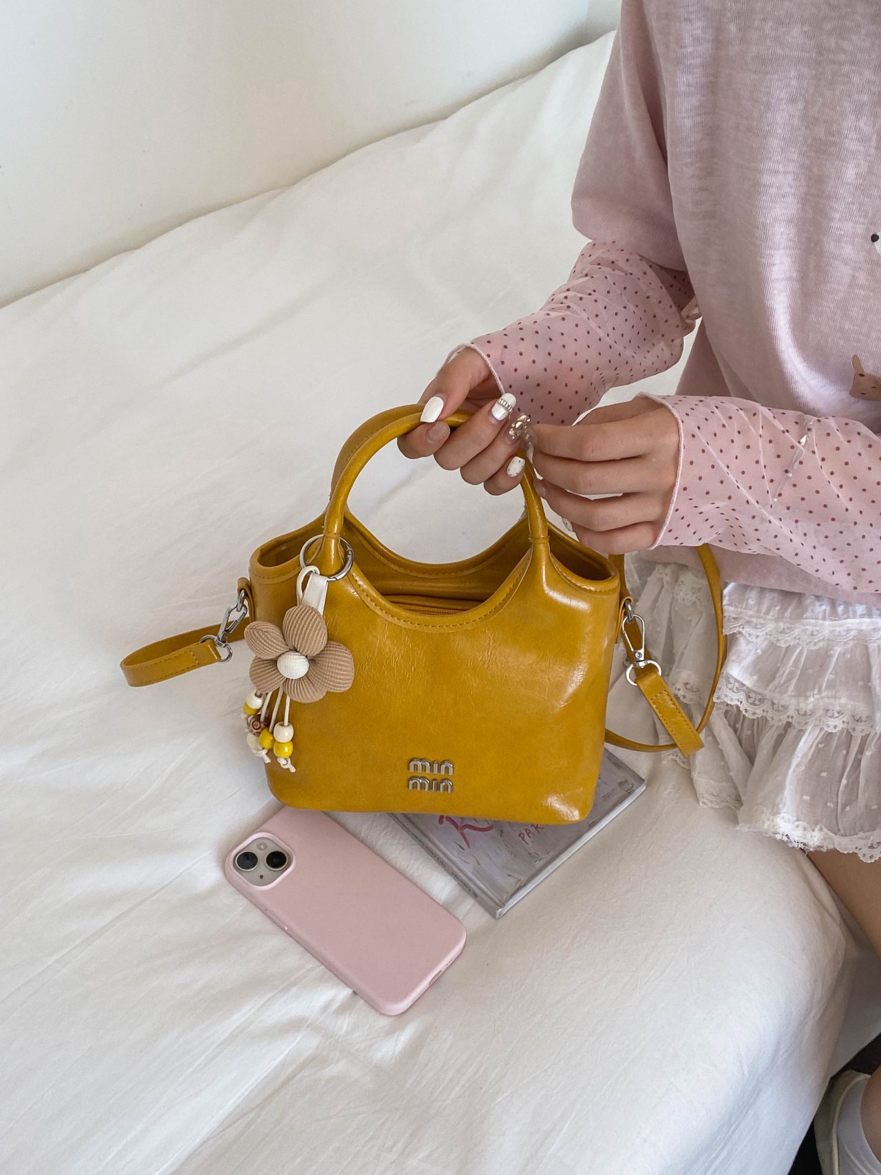 Yellow Double Top Handle Bag with Flower Charm