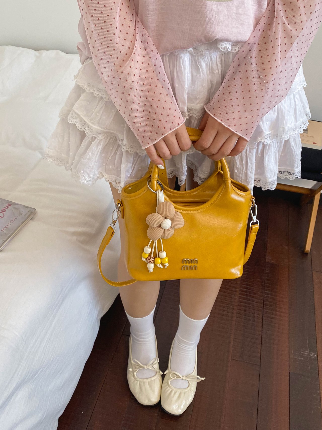 Yellow Double Top Handle Bag with Flower Charm