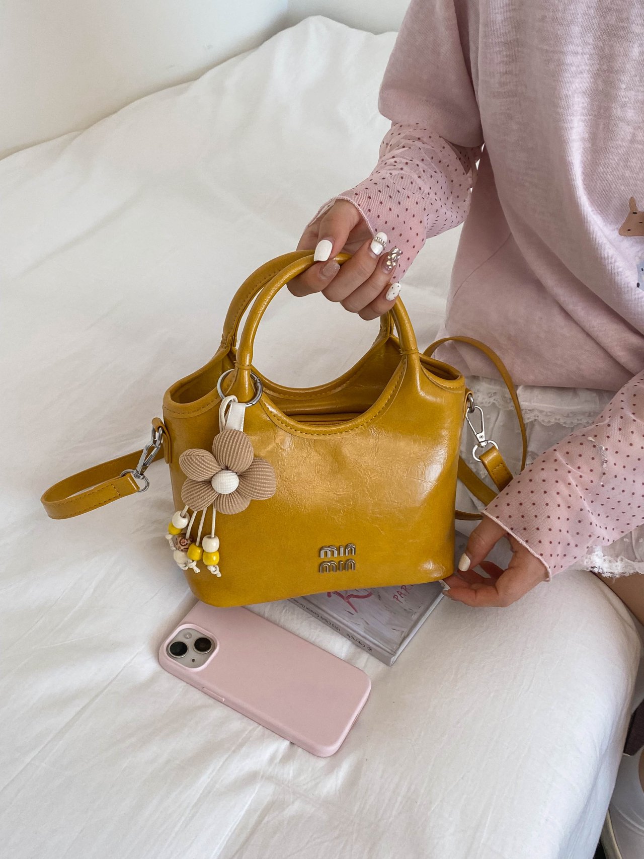 Yellow Double Top Handle Bag with Flower Charm