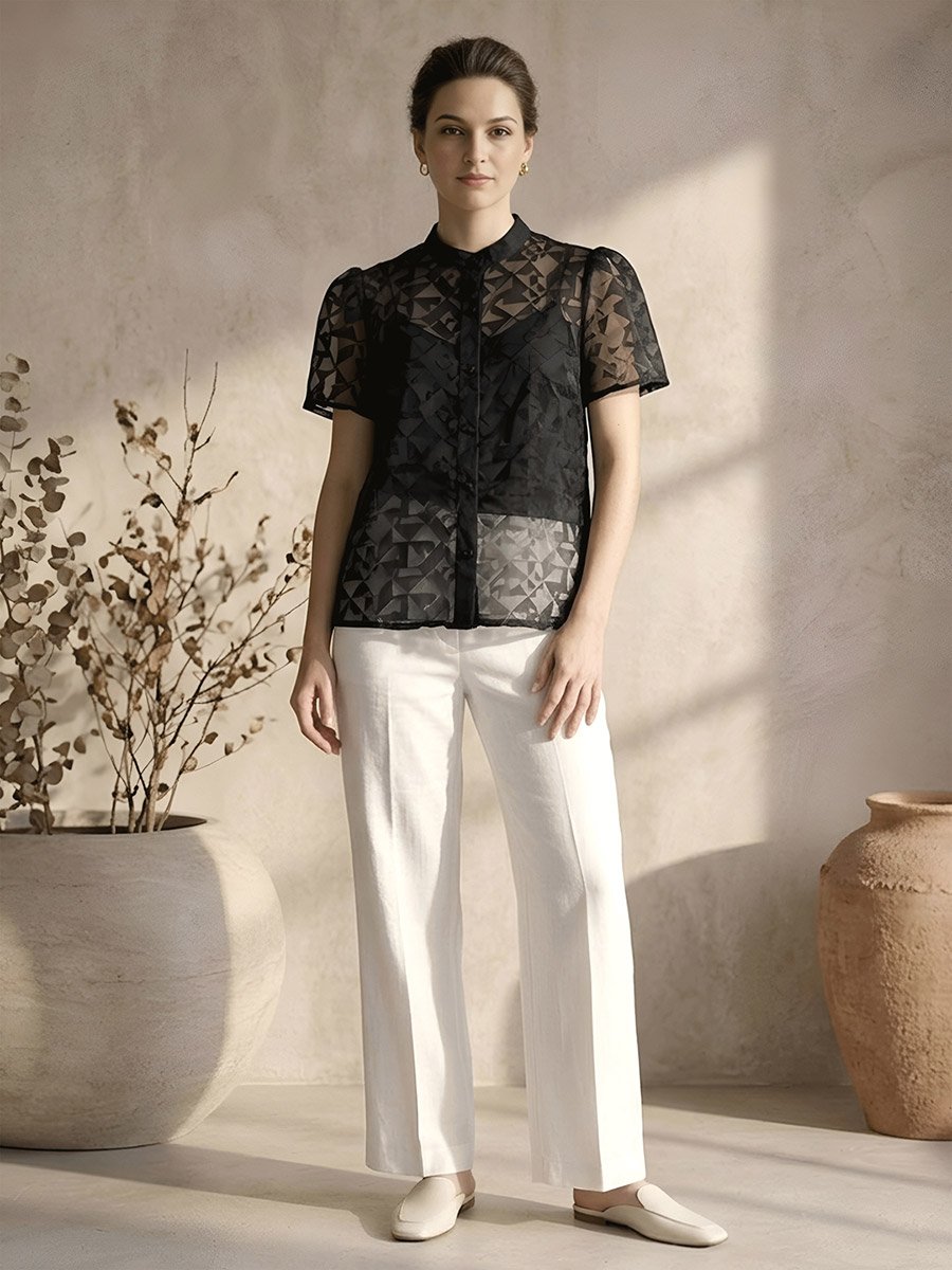 Black Sheer Geometric Short Sleeve Shirt