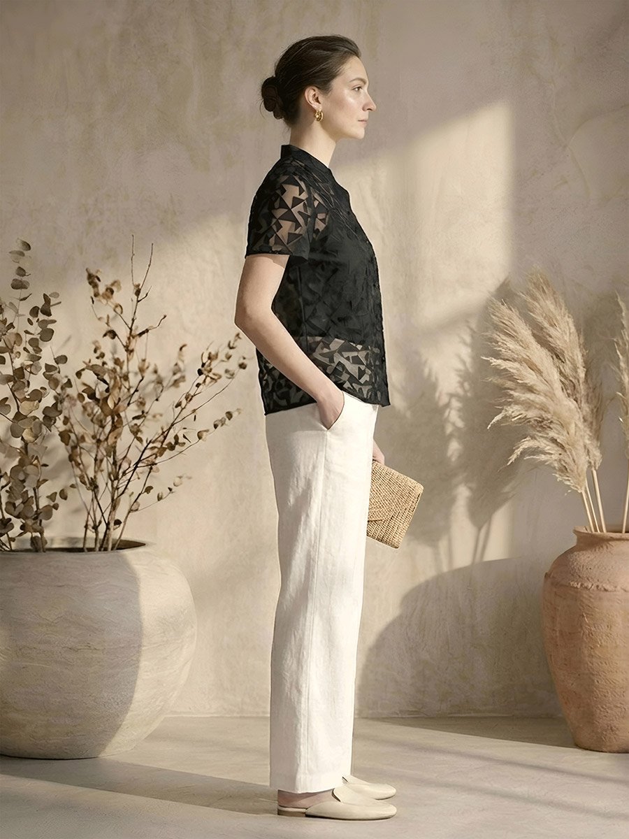 Black Sheer Geometric Short Sleeve Shirt