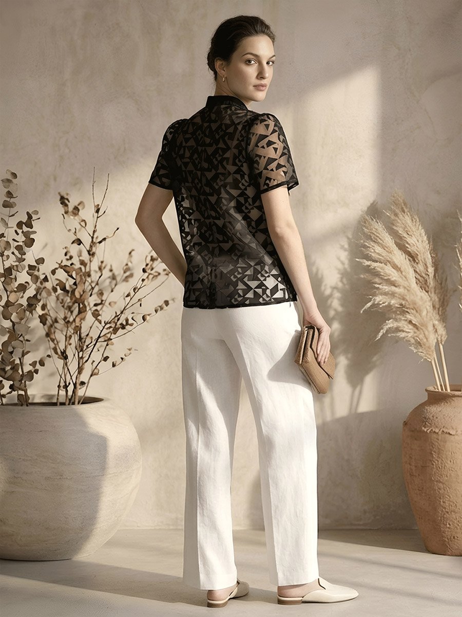 Black Sheer Geometric Short Sleeve Shirt