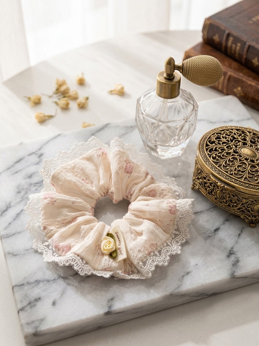 Cream Floral Crinkle Scrunchie with Lace Trim, 14cm