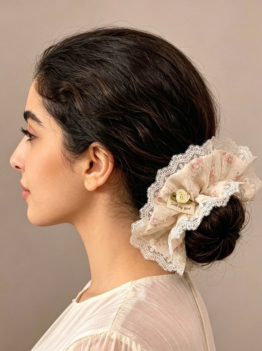 Cream Floral Crinkle Scrunchie with Lace Trim, 14cm