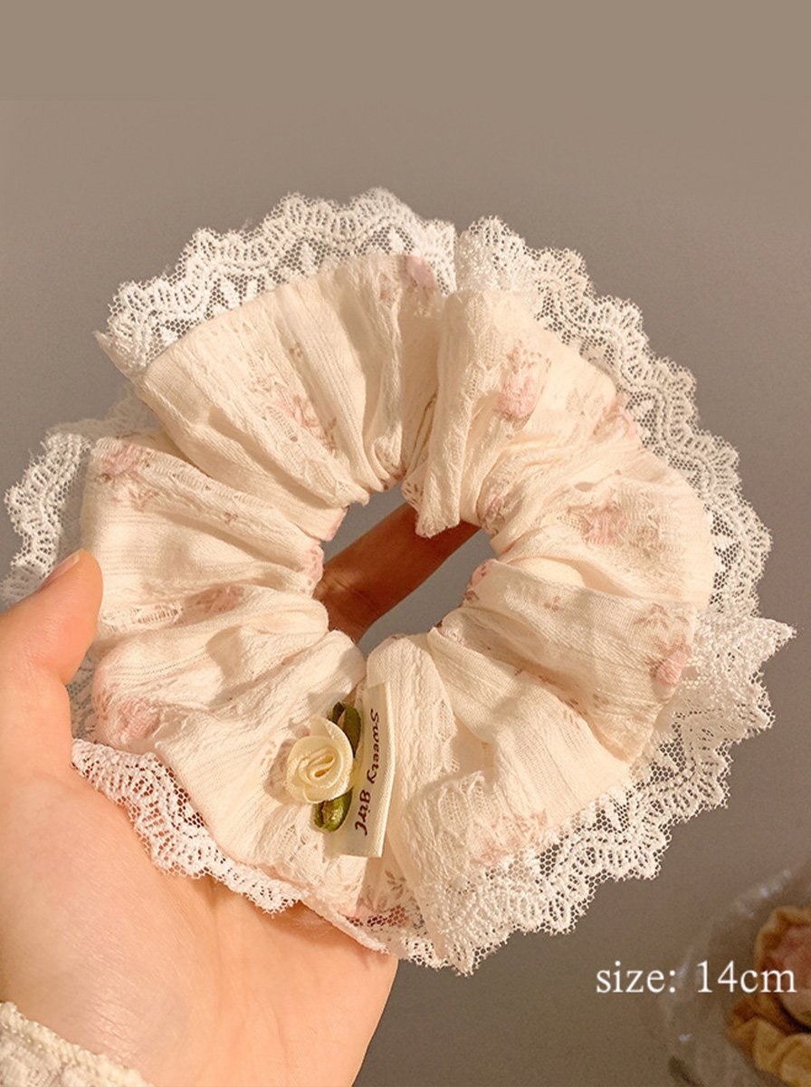 Cream Floral Crinkle Scrunchie with Lace Trim, 14cm